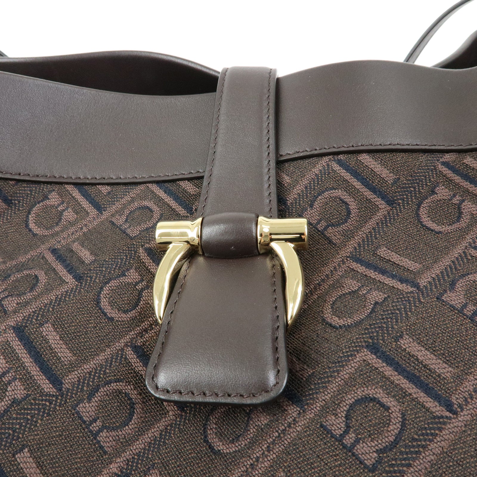 Ferragamo Gancini Canvas Leather Shoulder Bag Hand Bag Dark Brown