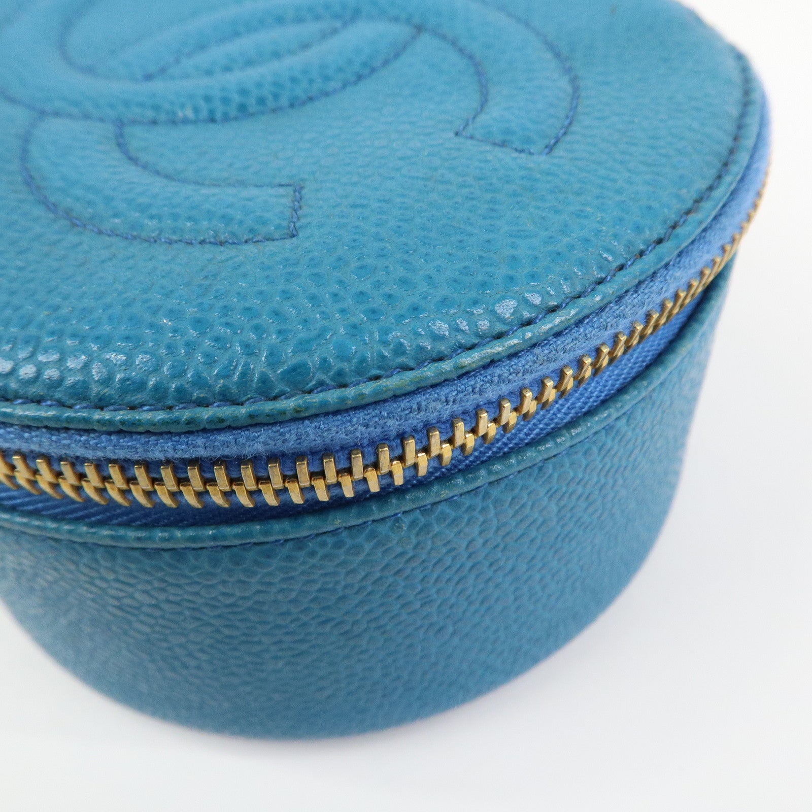 CHANEL COCO Mark Caviarskin Round Cosmetic Pouch Blue Gold