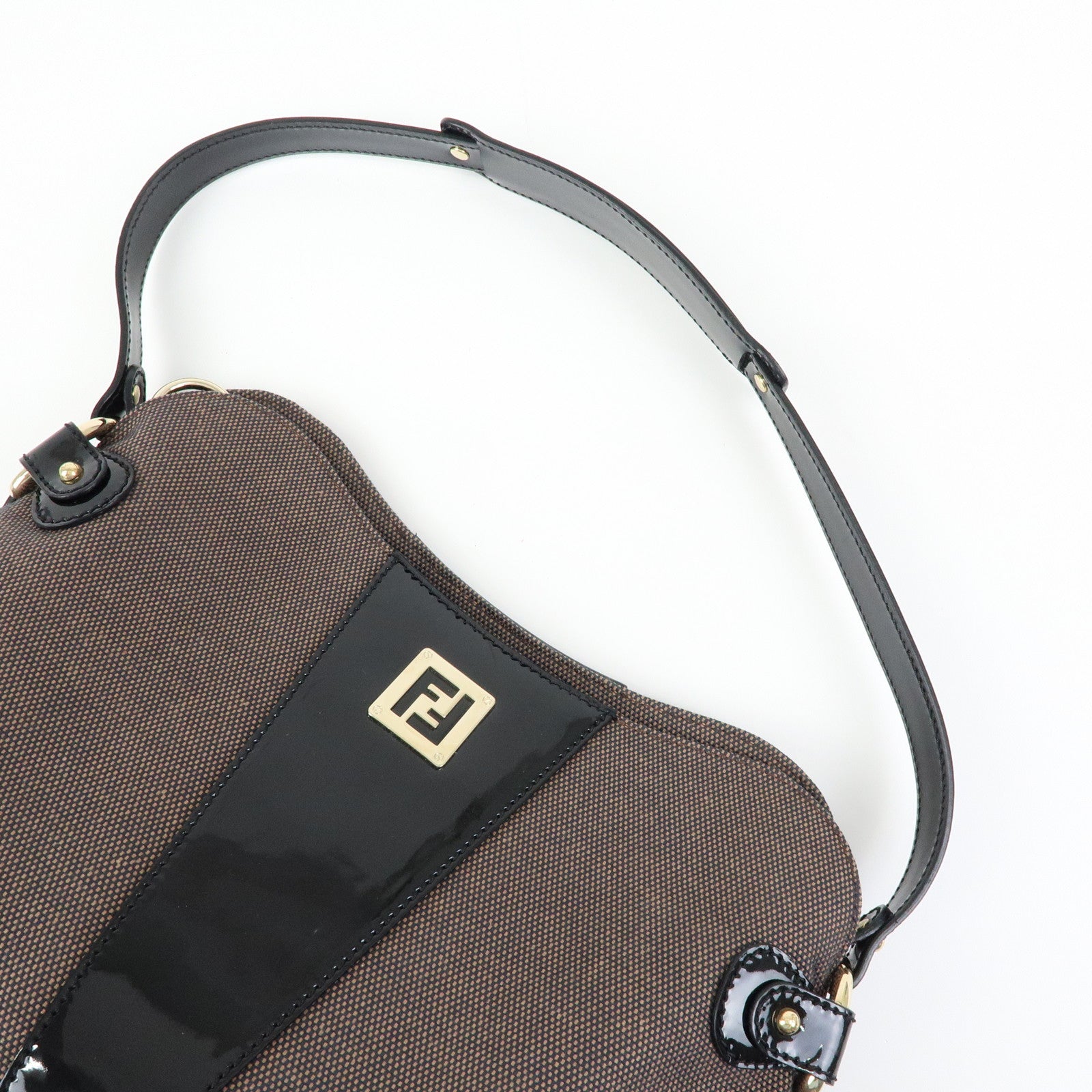FENDI Canvas Patent Leather Shoulder Hand Bag Brown Black 8BR421