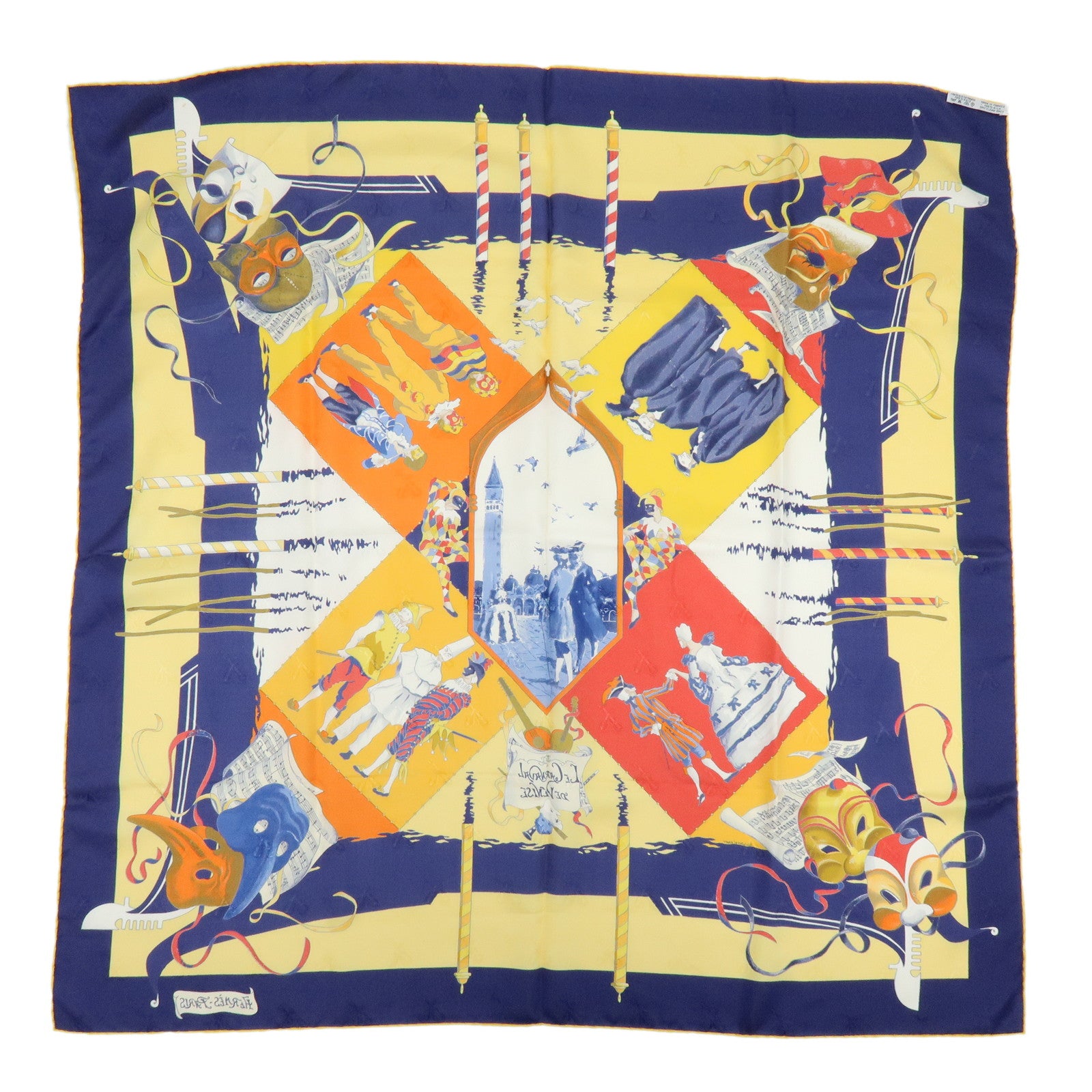 HERMES Carre 90 Silk 100% Scarf LE CARNAVAL DE VENISE Yellow Navy