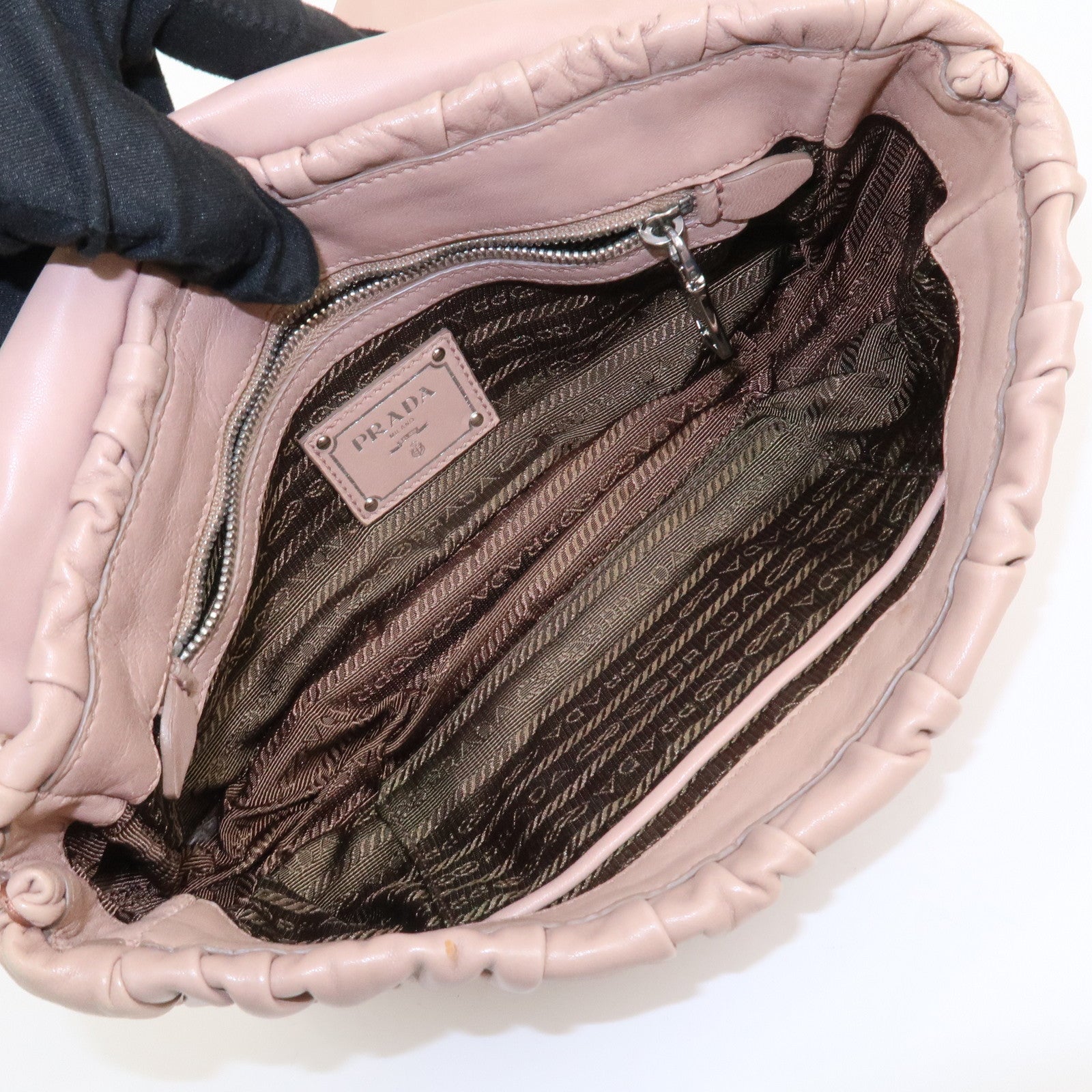 PRADA Leather Gathered Chain Shoulder Bag Pink Beige B4695C