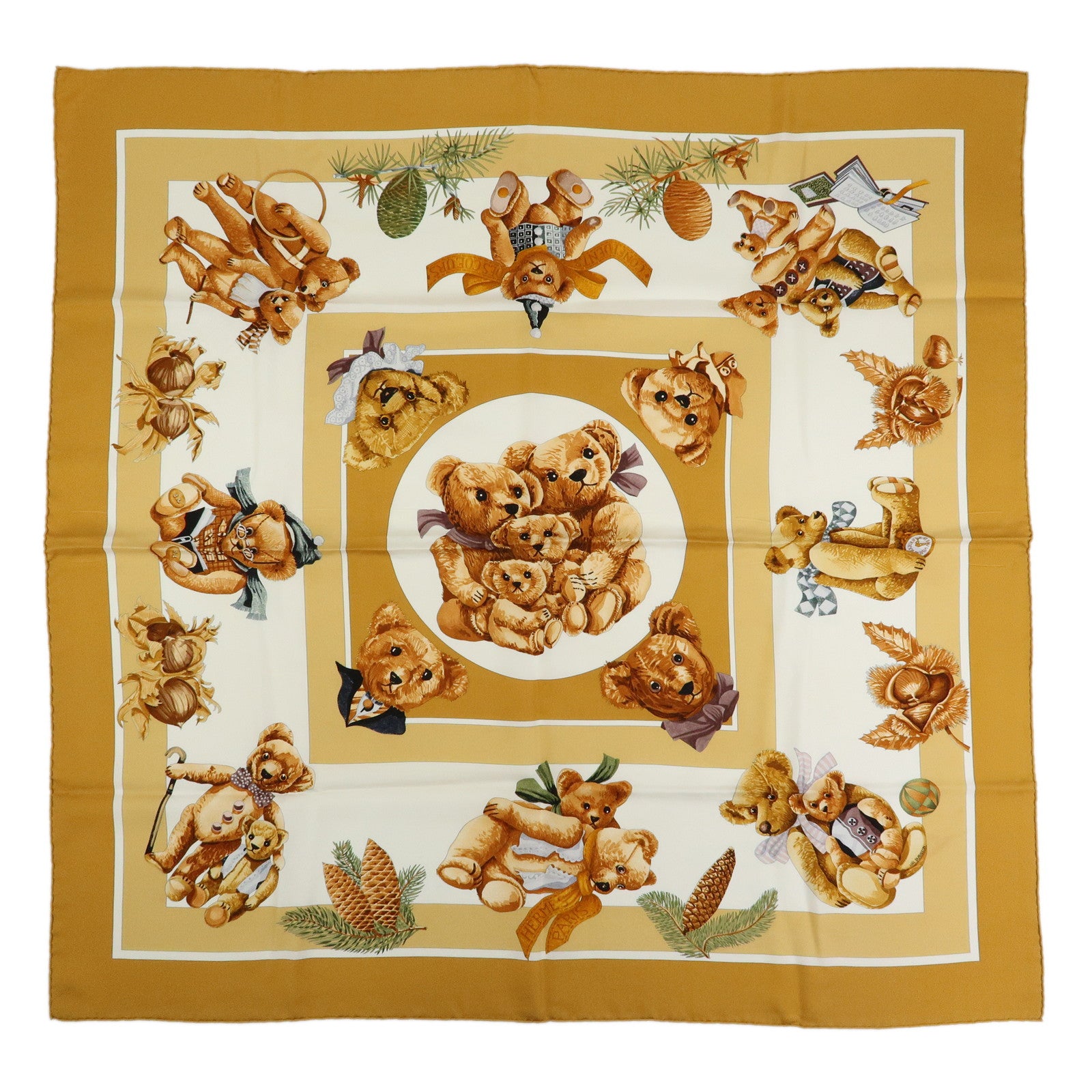 HERMES Carre 90 Silk 100% Scarf Confidents des Coeurs Brown