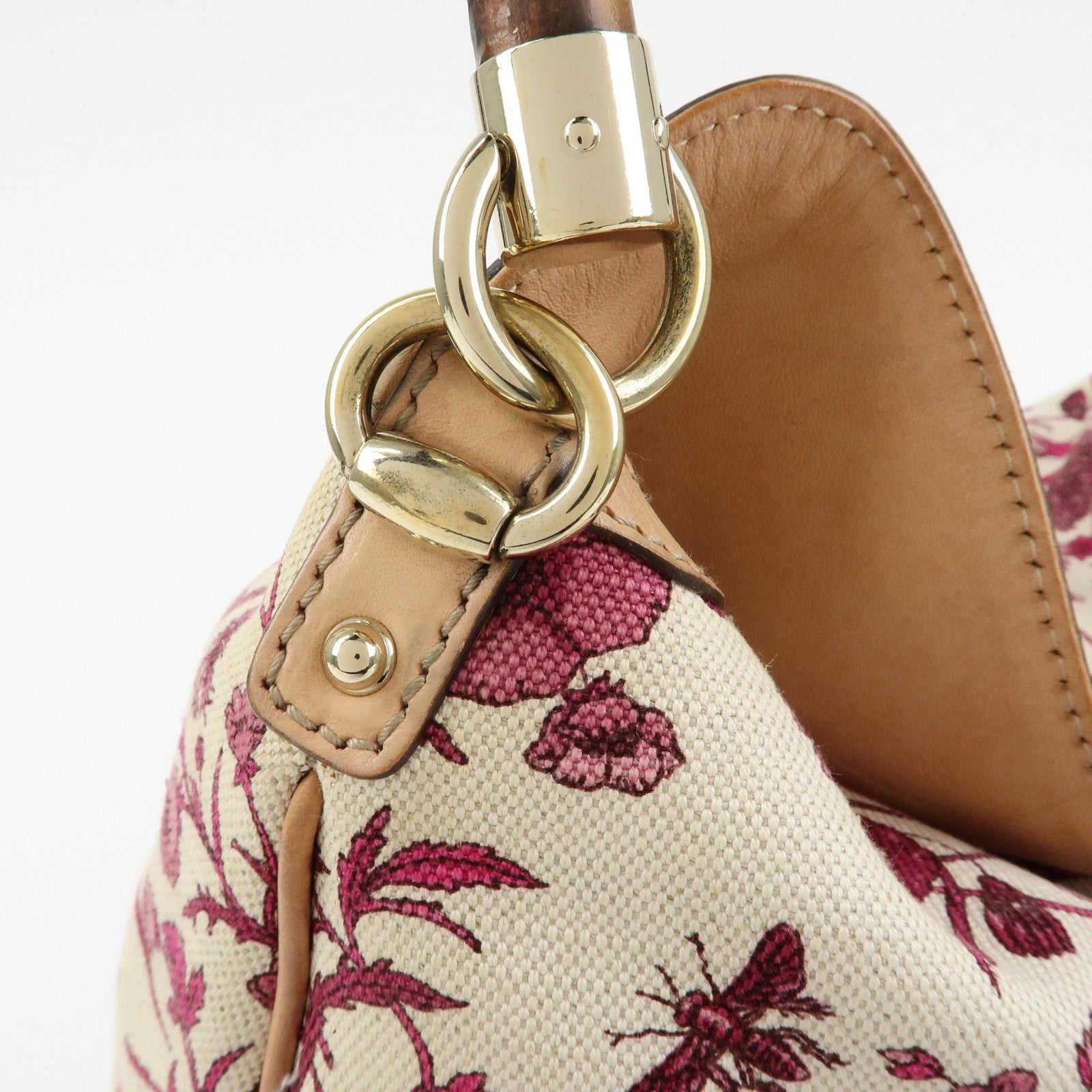 GUCCI Bamboo Flora Canvas Leather 2Way Shoulder Bag Pink 169976