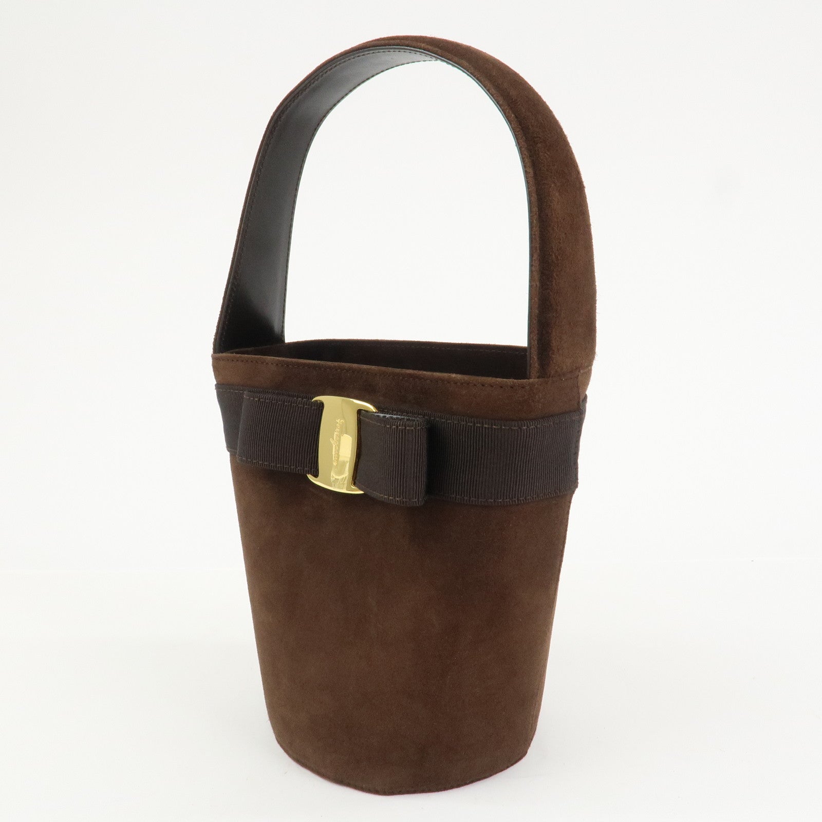 Ferragamo Vara Ribbon Suede Leather Hand Bag Brown Gold