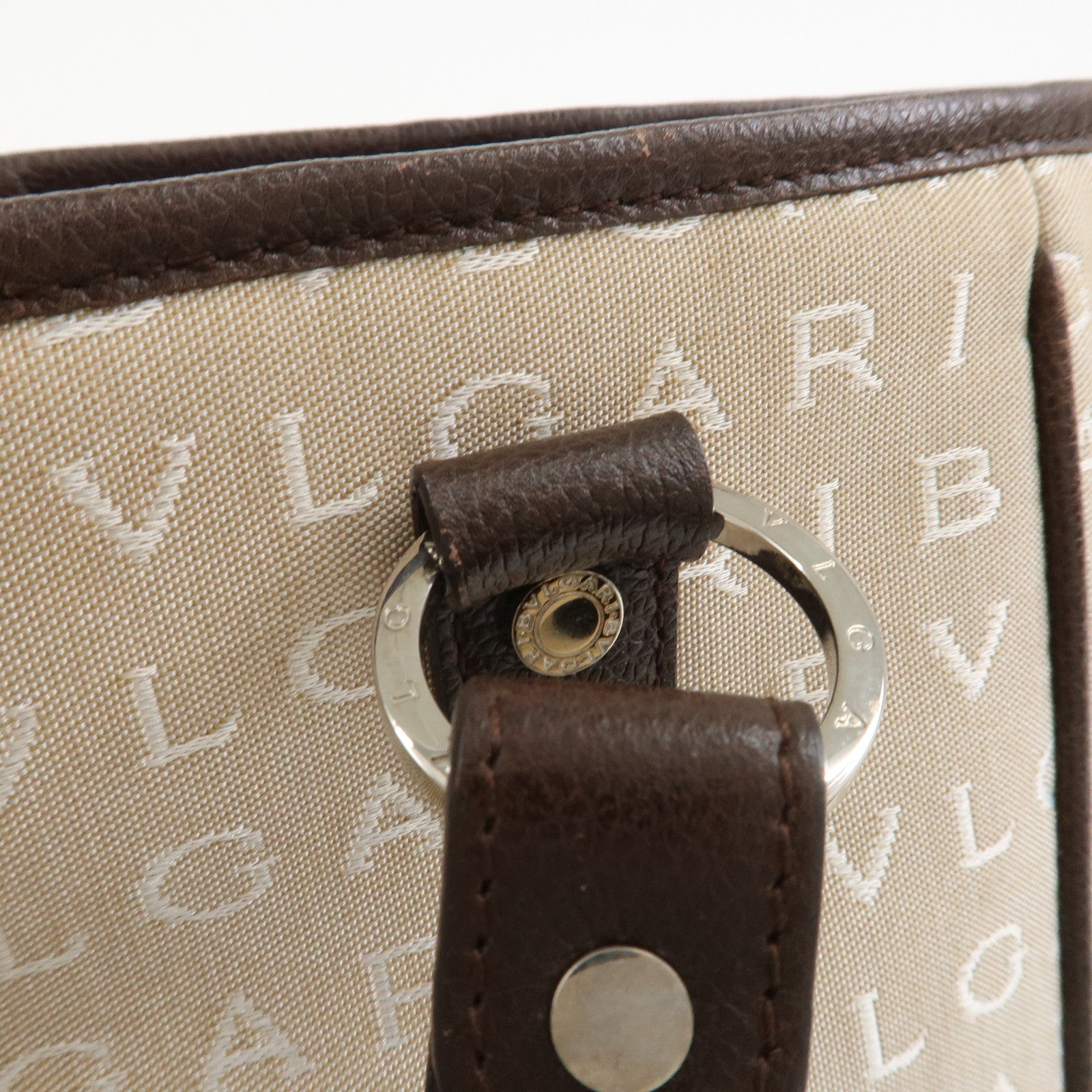 BVLGARI Logo Mania Canvas Leather Tote Bag Hand Bag Beige Brown