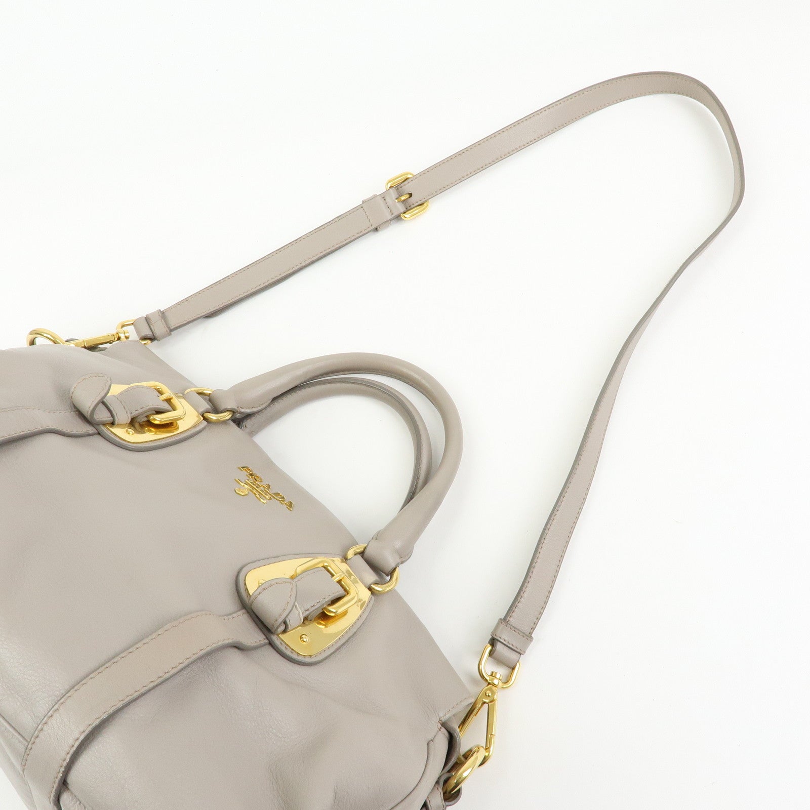 PRADA Logo Leather 2Way Bag Hand Bag Shoulder Bag Greige