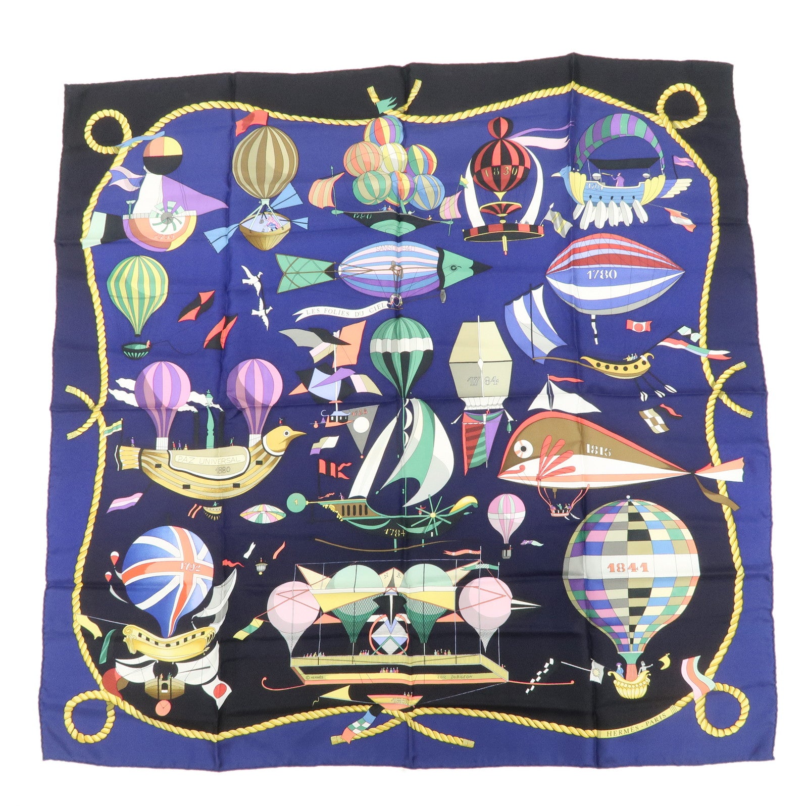 HERMES Carre 90 Silk 100% Scarf LES FOLIES DU CIEL Black Navy Multicolo Used