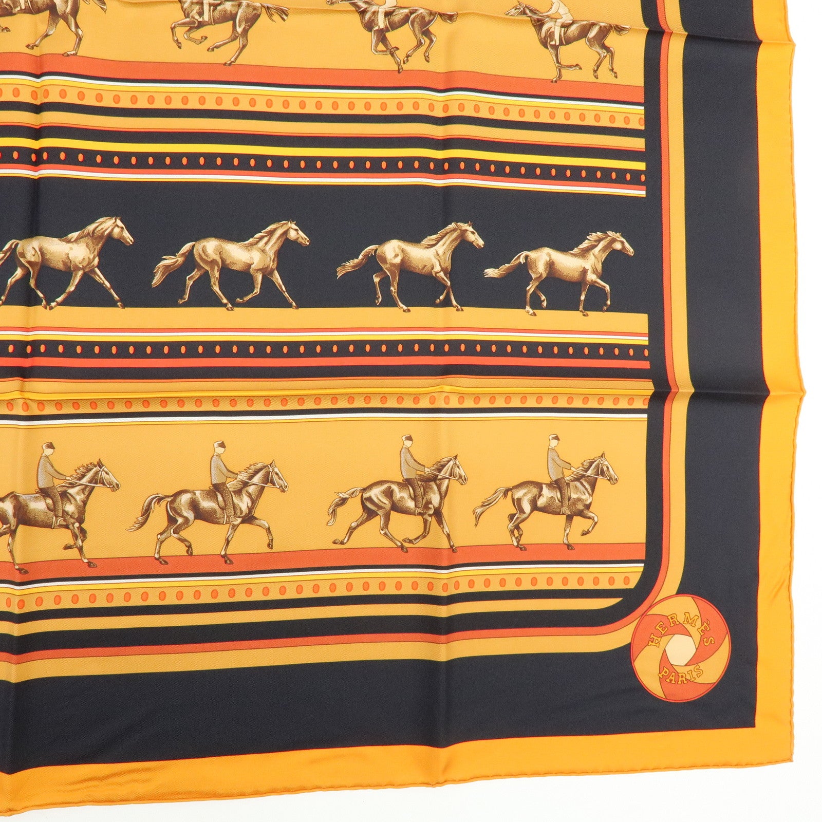 HERMES Carre 90 Silk 100% Scarf SEQUENCES Horse Print Orange Black