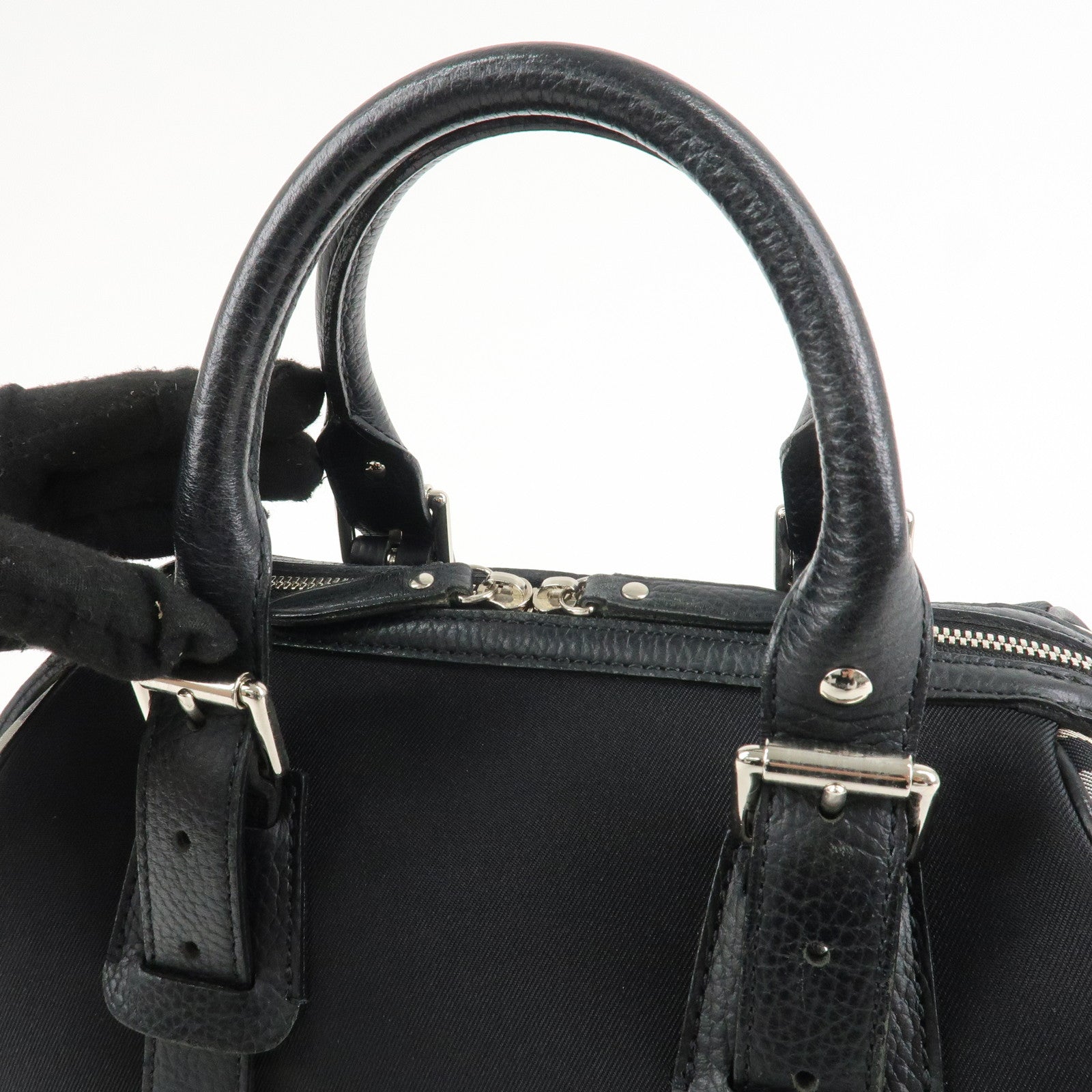 BURBERRY Canvas Leather Nova Plaid Boston Bag Black Beige Used