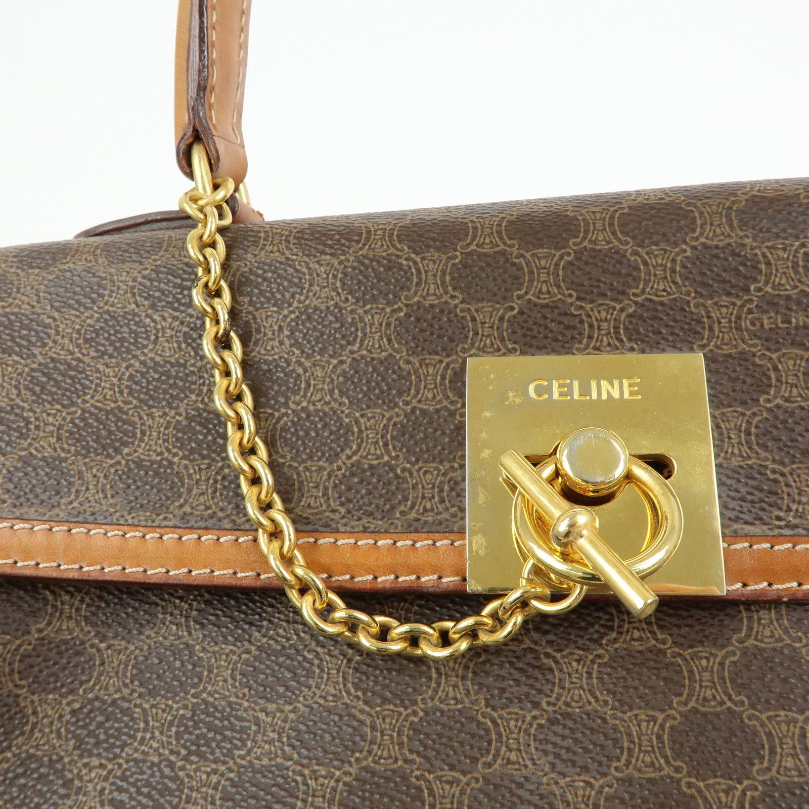 CELINE Macadam PVC Leather Hand Bag Top Handle Flap Bag Brown