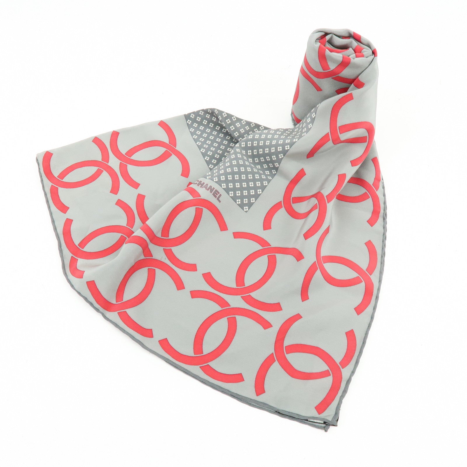 CHANEL COCO Mark Silk 100% Scarf Shawl Geometric Pattern Gray Red