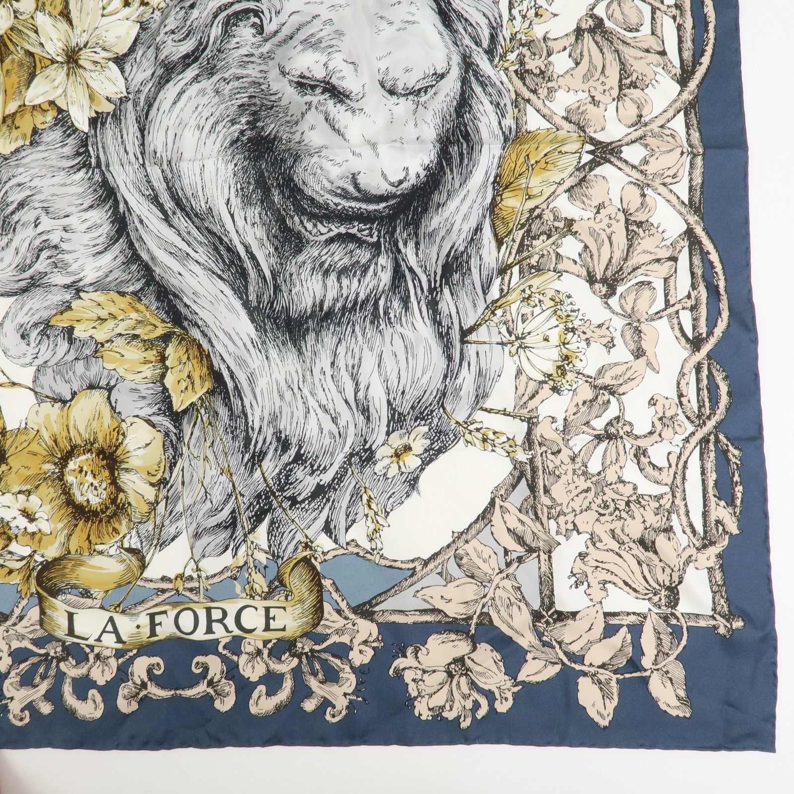 Christian Dior Logo Silk 100% Lion Flowers Scarf White Navy
