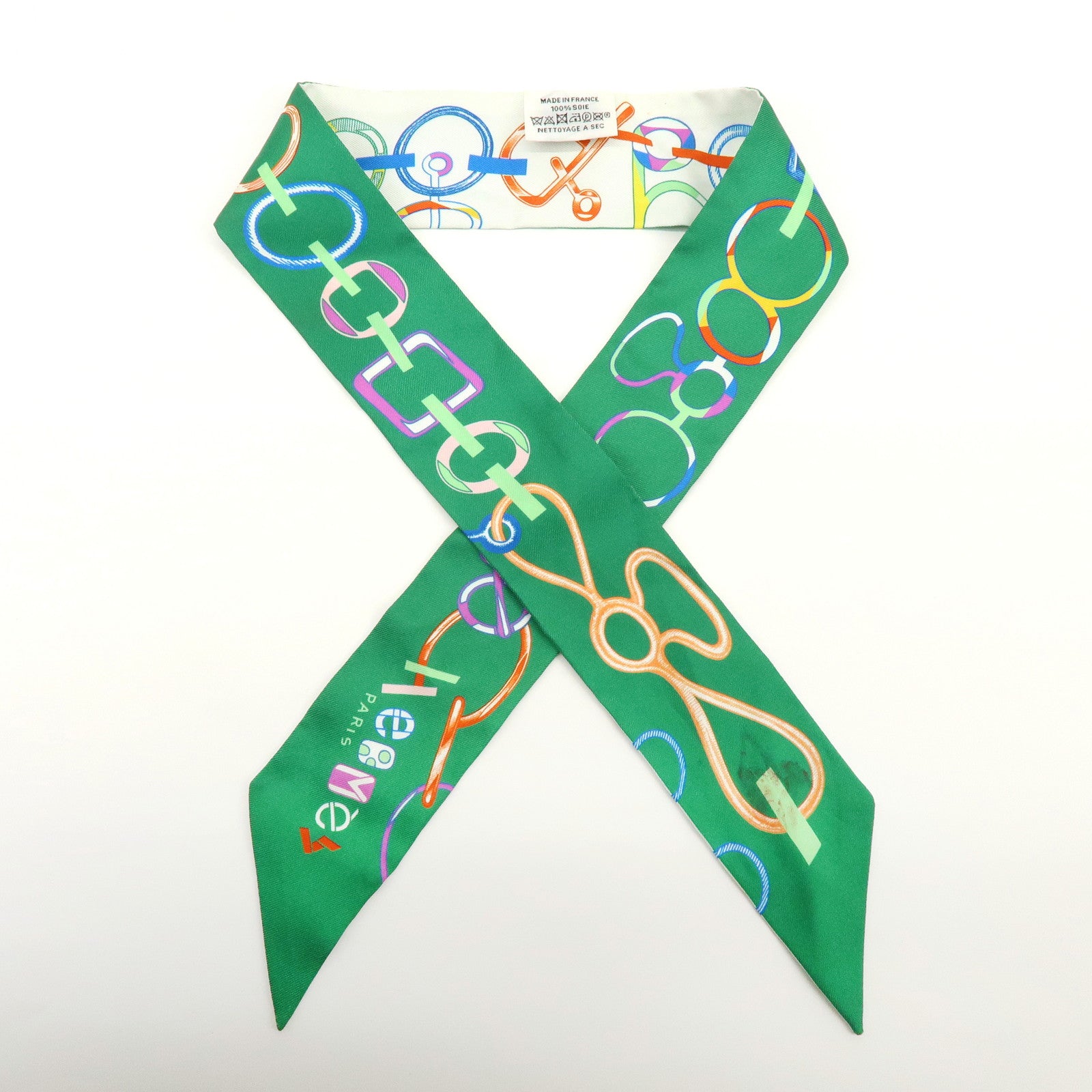HERMES Twilly Silk 100% Scarf DO RE BOUCLES Green Ivory