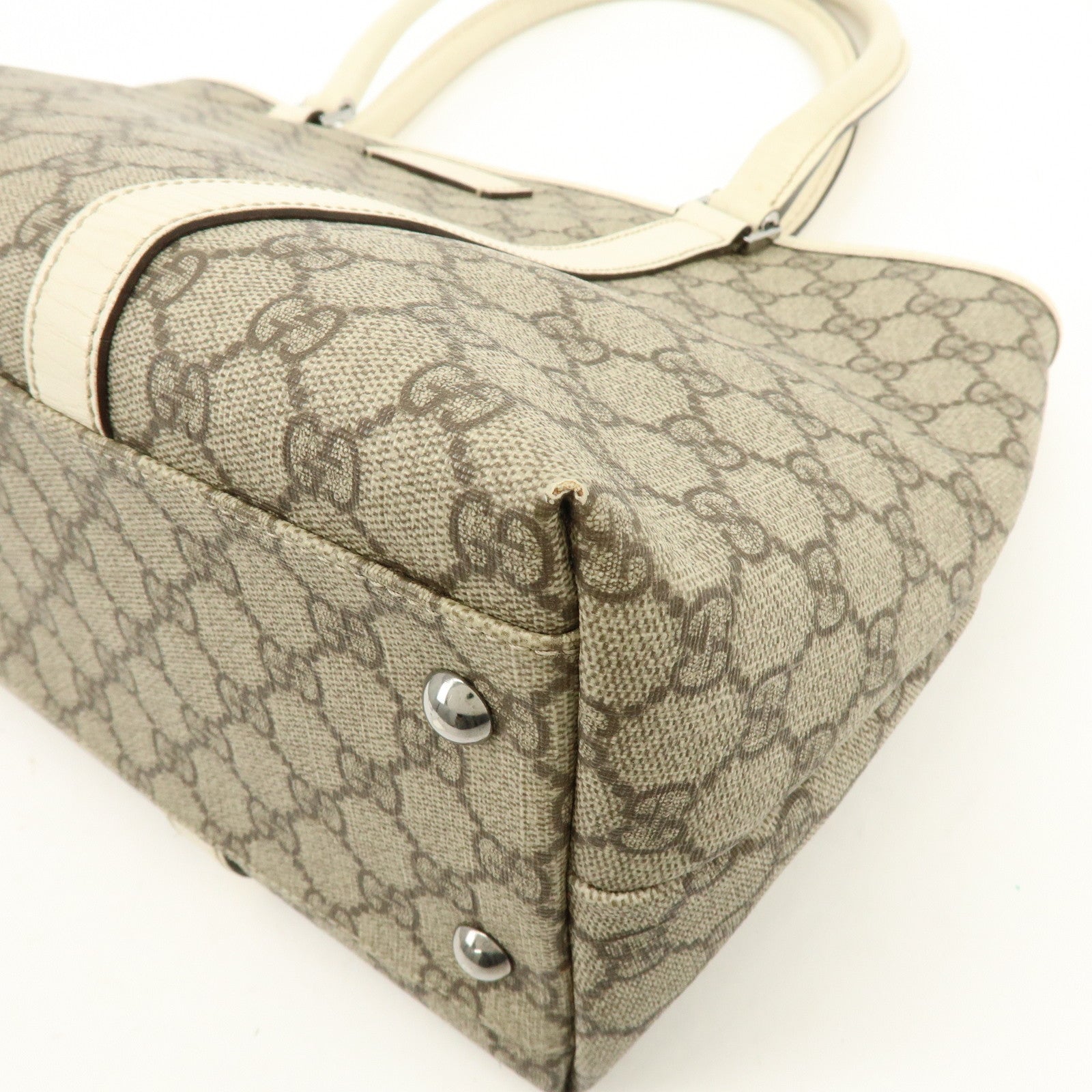 GUCCI GG Canvas Leather Shoulder Bag Tote Bag Beige White 114595