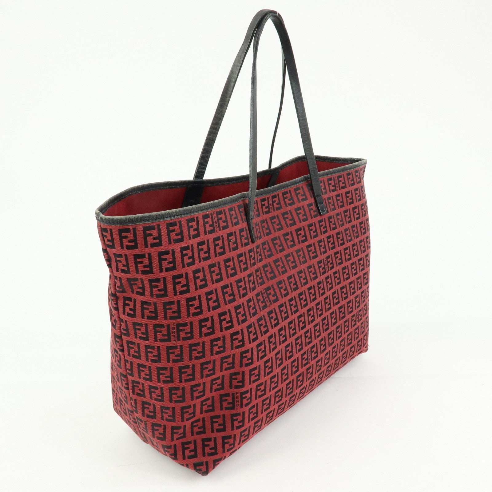 FENDI Zucchino Canvas Leather Tote Bag Hand Bag Red Black 8BH005