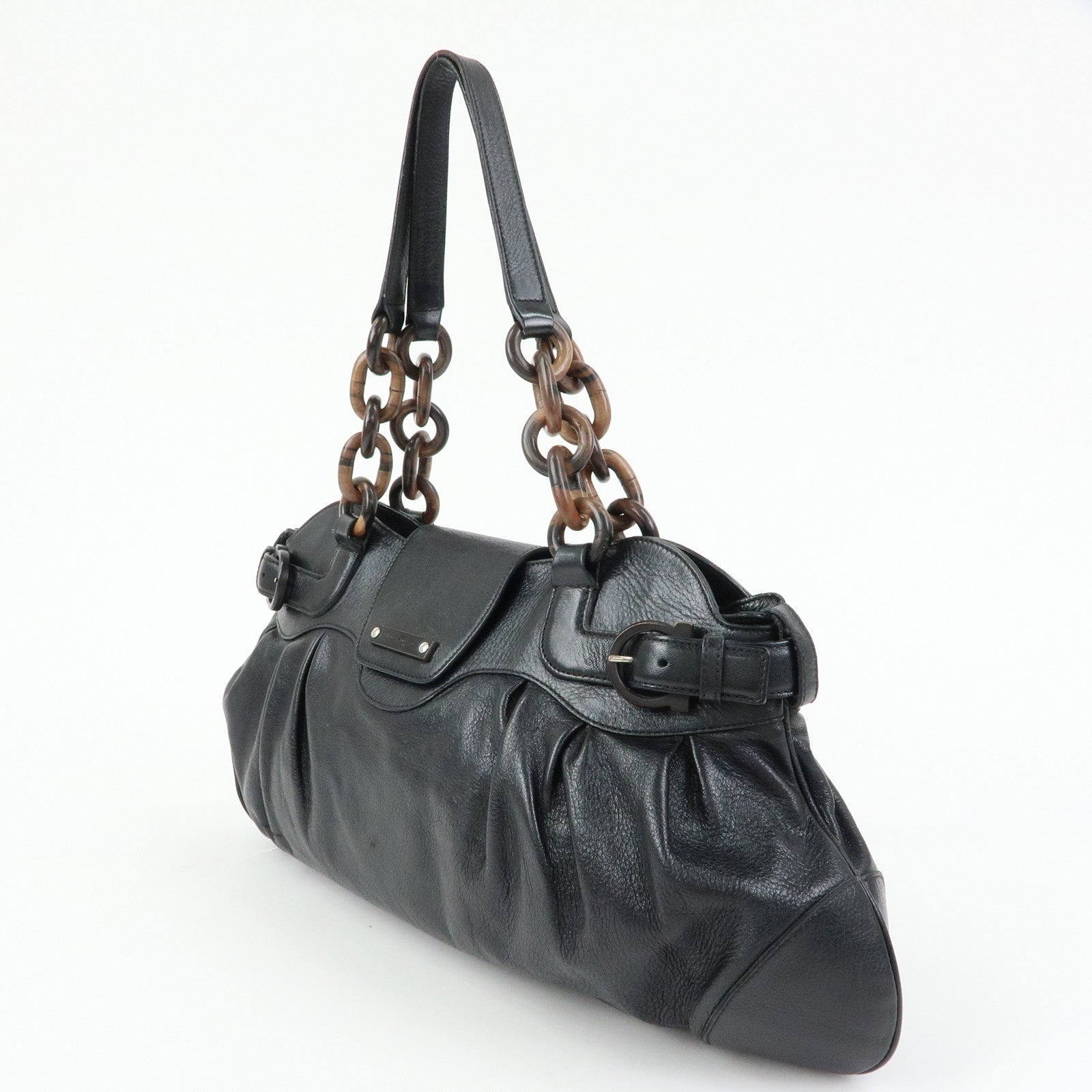 Ferragamo Gancini Leather Wood Shoulder Bag Hand Bag Black Brown