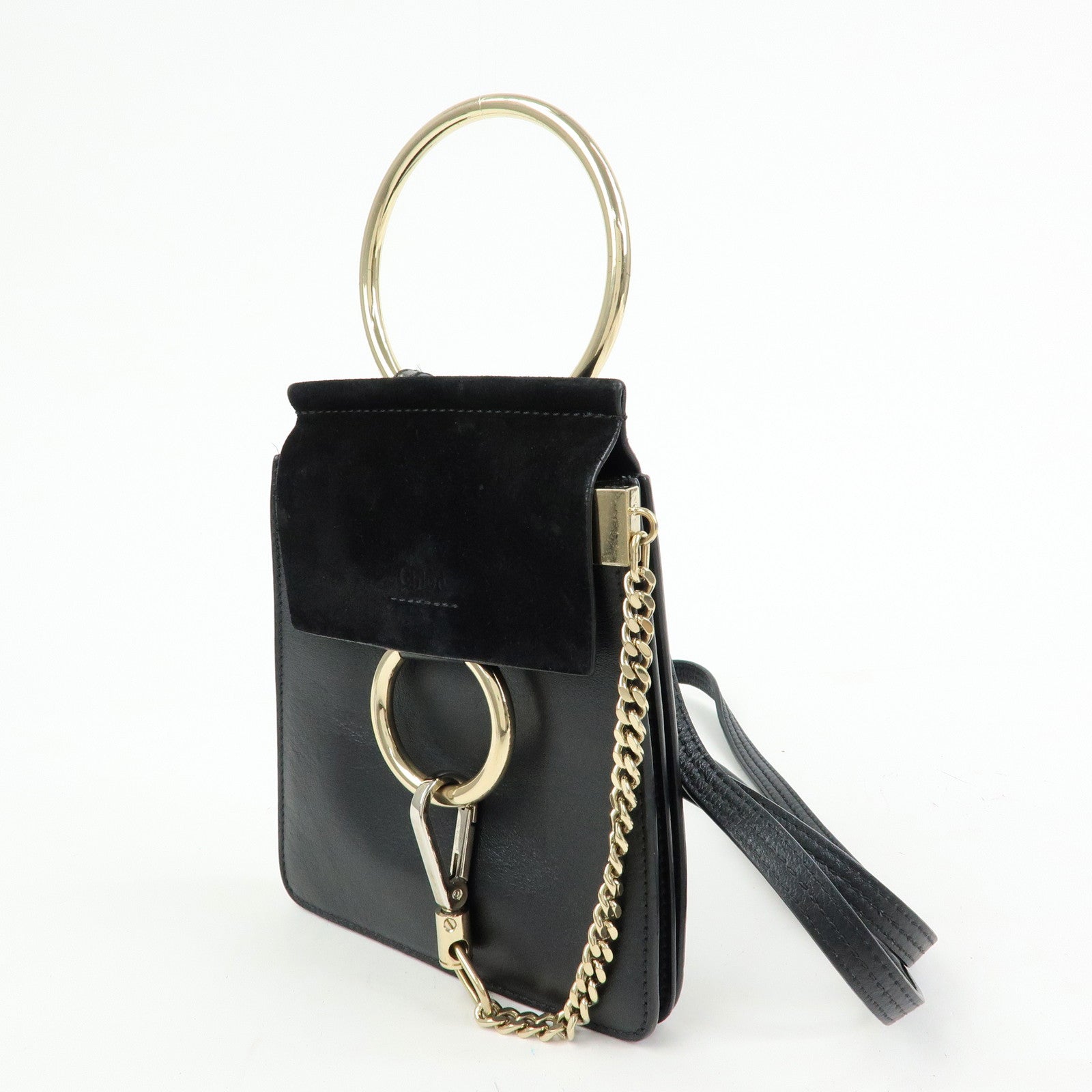Chloe Faye Suede Leather Shoulder Bag Crossbody Bag Black Gold