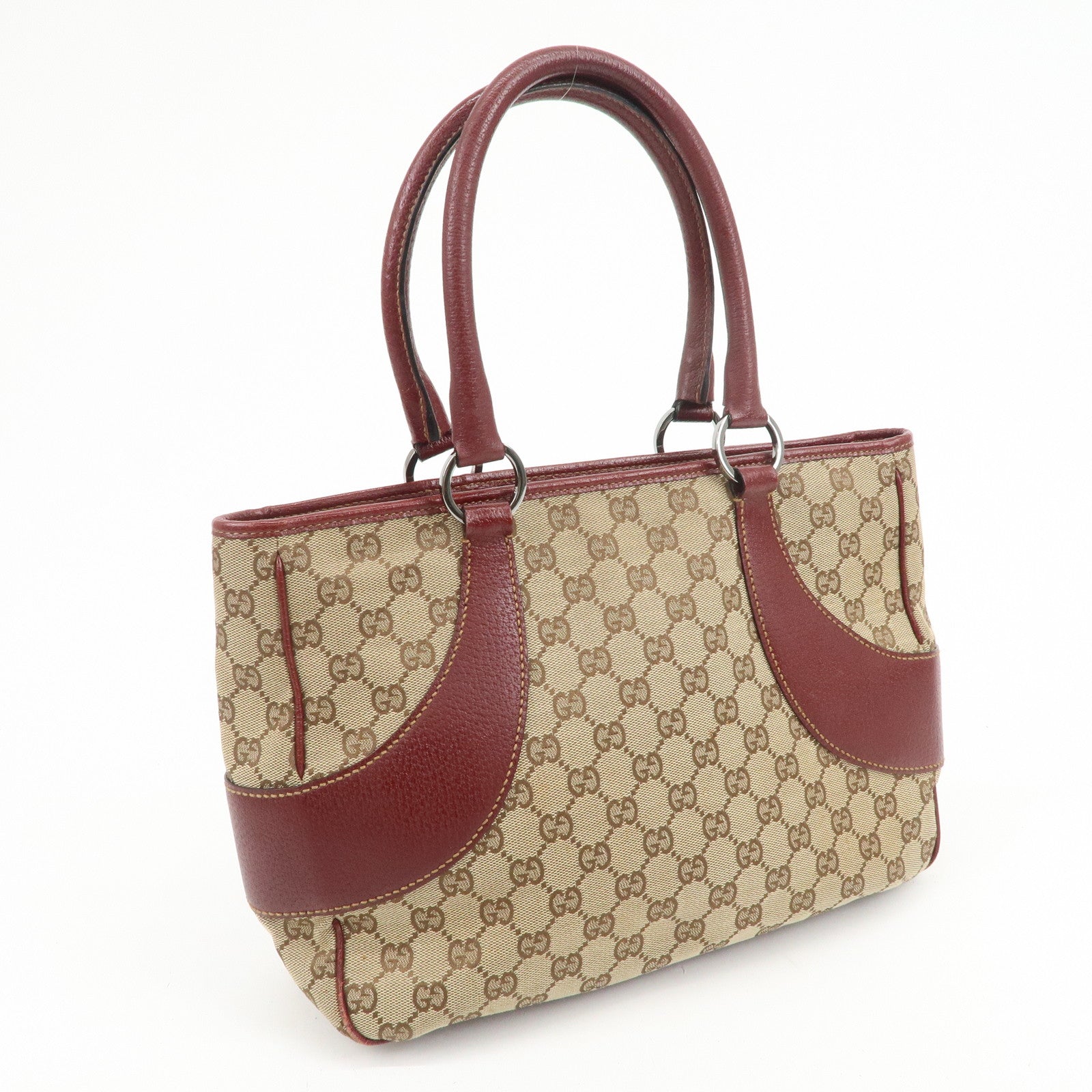 GUCCI GG Monogram Canvas Leather Tote Bag Beige Bordeaux 113011