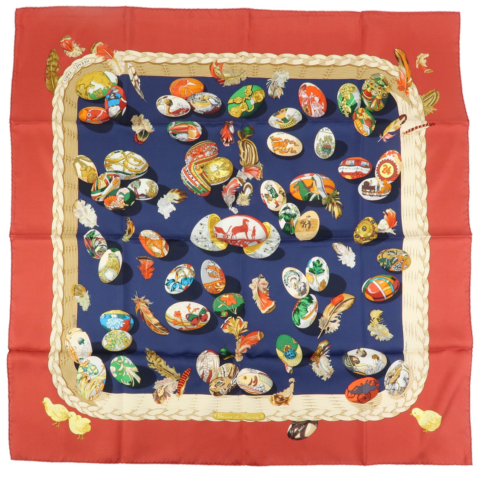 HERMES Carre 90 Silk 100% Scarf COUVEE D HERMES Egg Print Navy Red