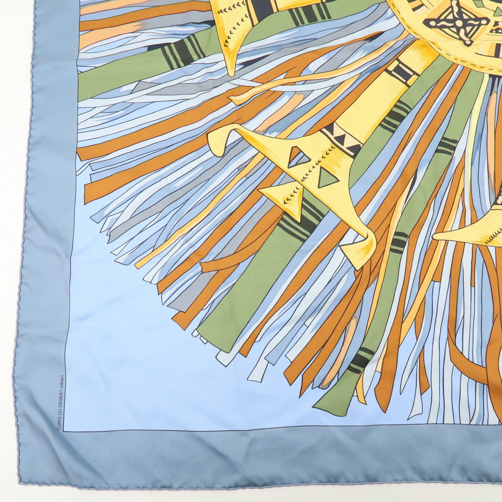 HERMES Carre 90 Silk 100% CUIRS DU DESERT Scarf Light Blue