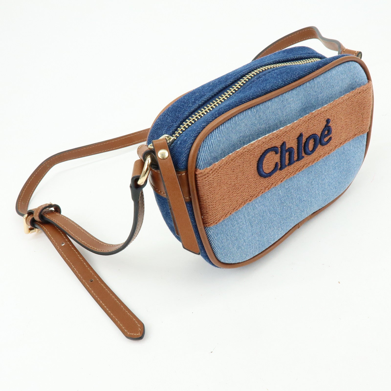 Chloe Denim Leather Canvas Shoulder Bag Crossbody Bag Brown Blue