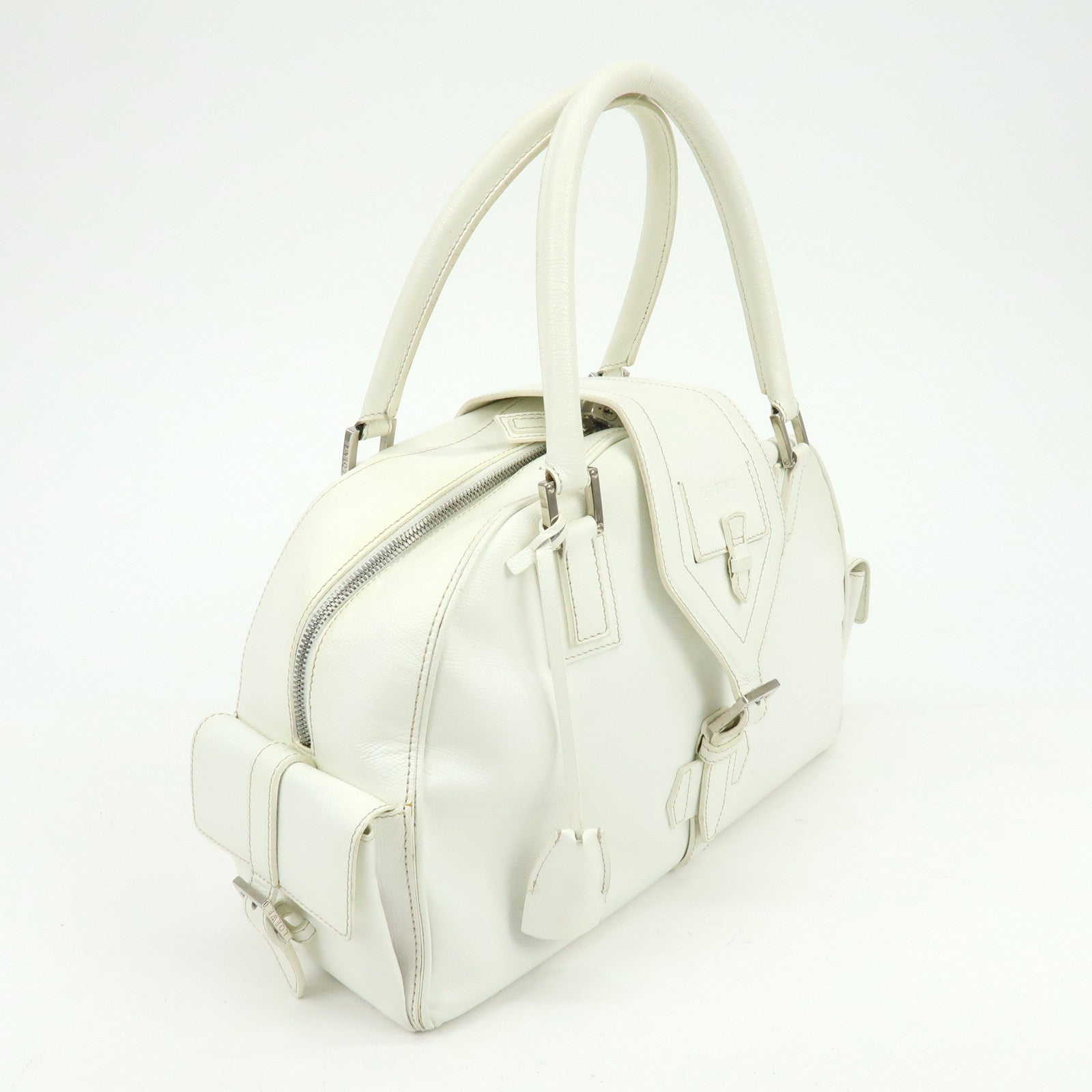 LOEWE Logo Side Pocket Leather Boston Bag Hand Bag White