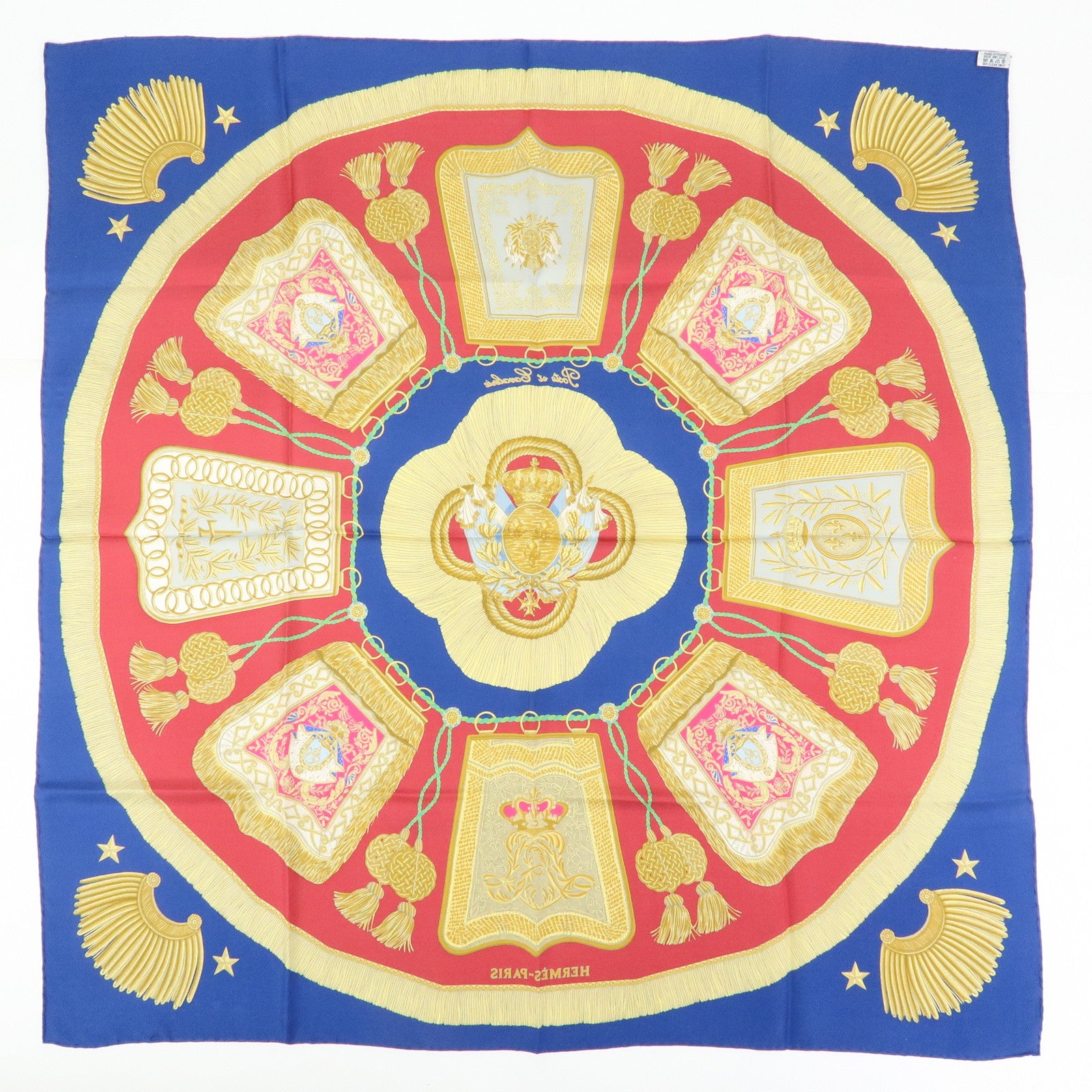 HERMES Carre 90 Silk 100% Scarf Poste et Cavalerie Blue Yellow Red