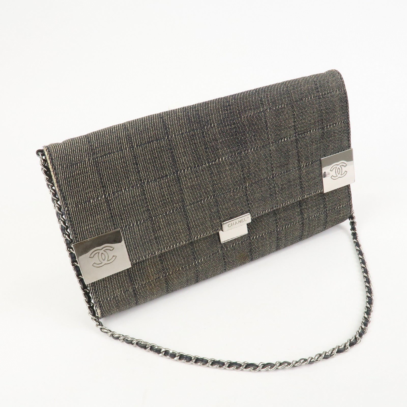 CHANEL Chocolate Bar Denim Leather Chain Shoulder Hand Bag Black