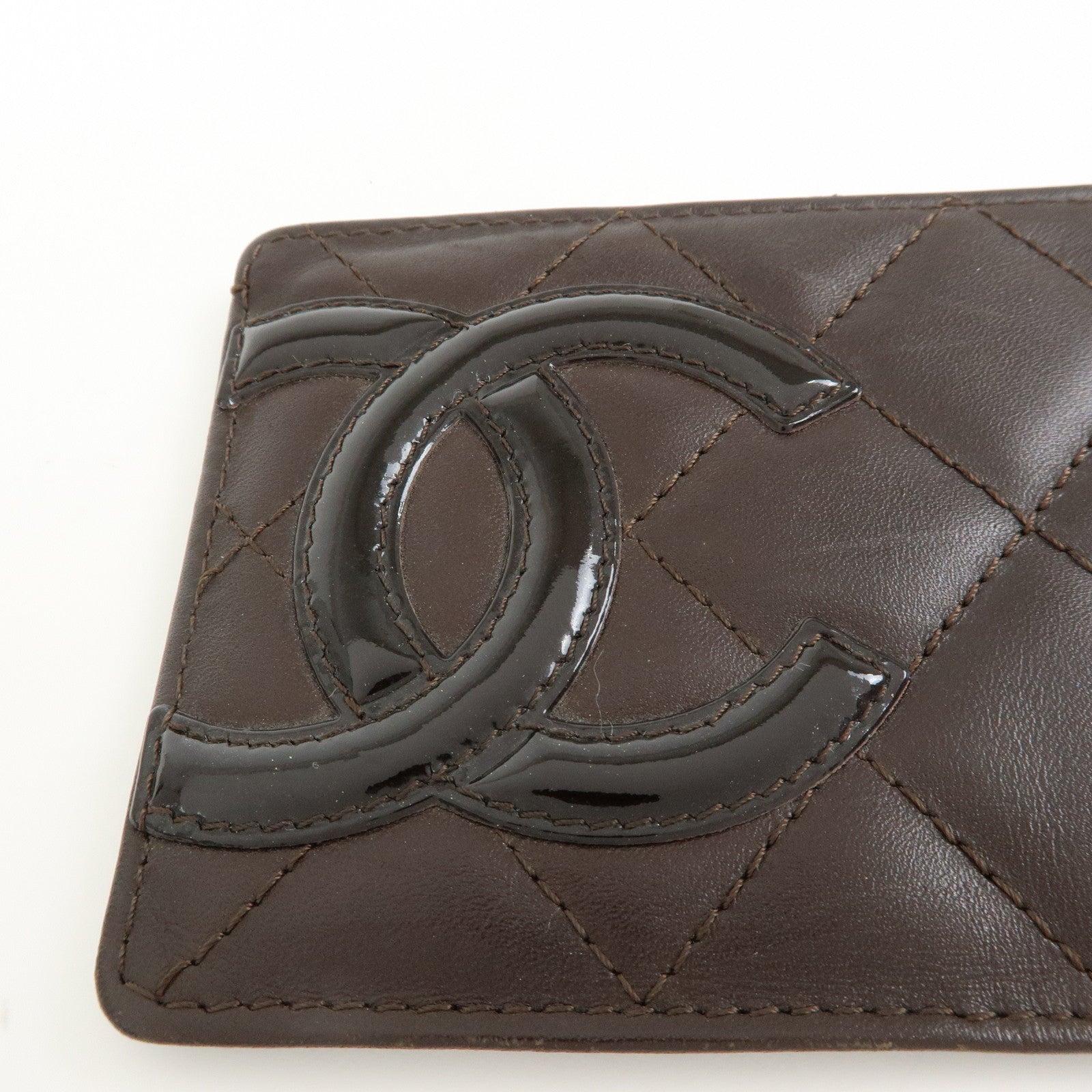 CHANEL Cambon Line COCO Mark Lamb Skin Leather Card Case A26725