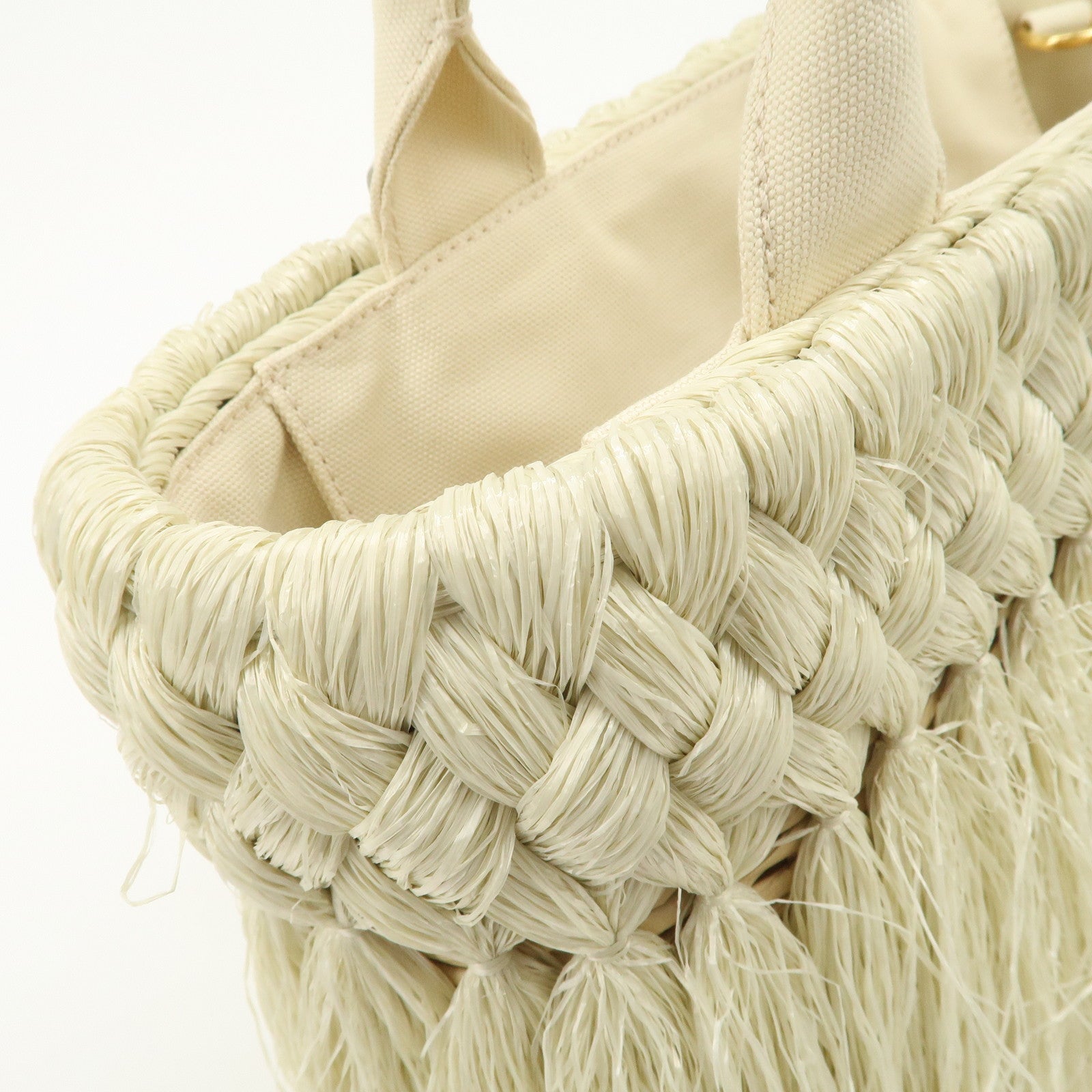 PRADA Logo Raffia Canvas Straw Hand Bag White Gold Charm1BG089