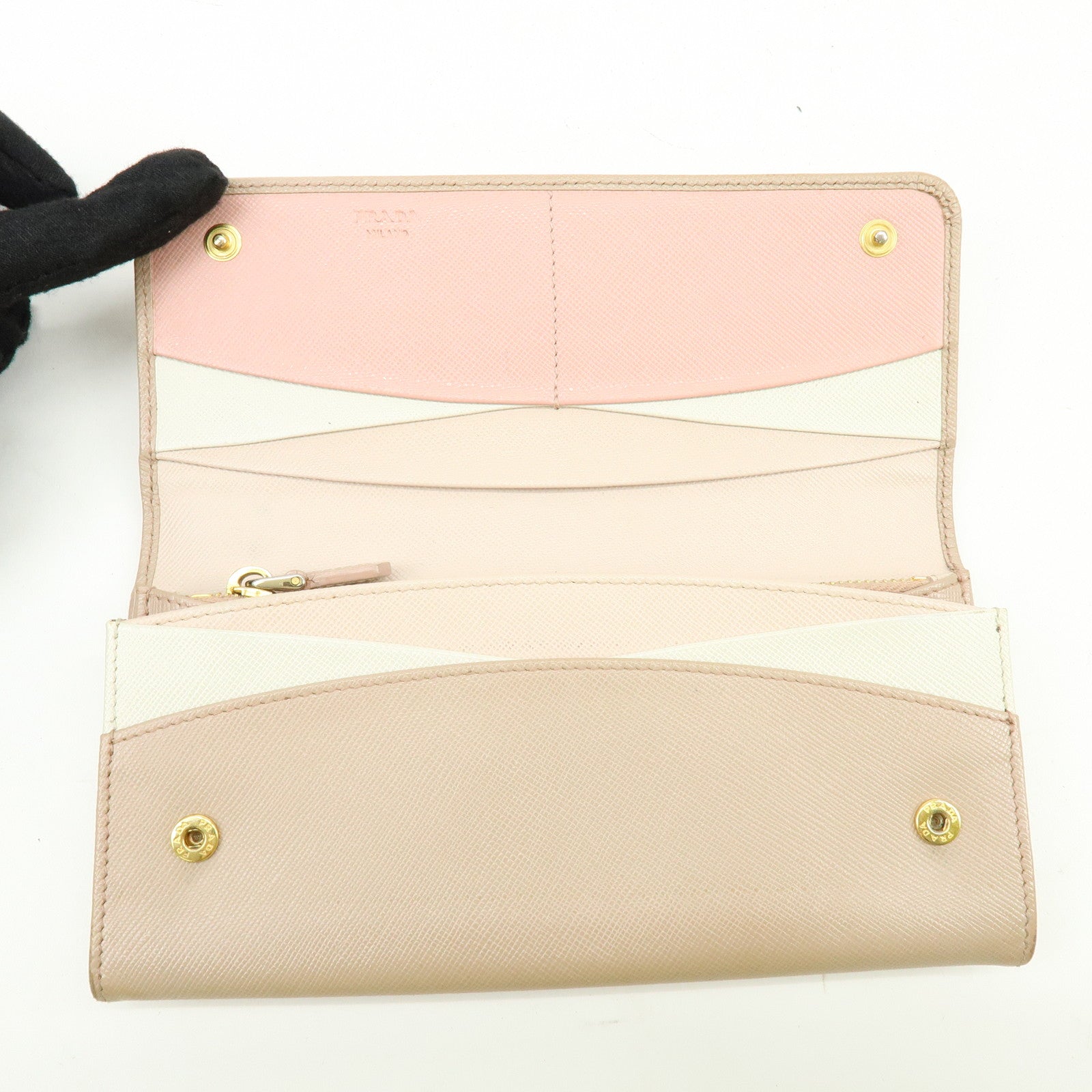 PRADA Logo Saffiano Leather Flap Bi-Fold Long Wallet Beige