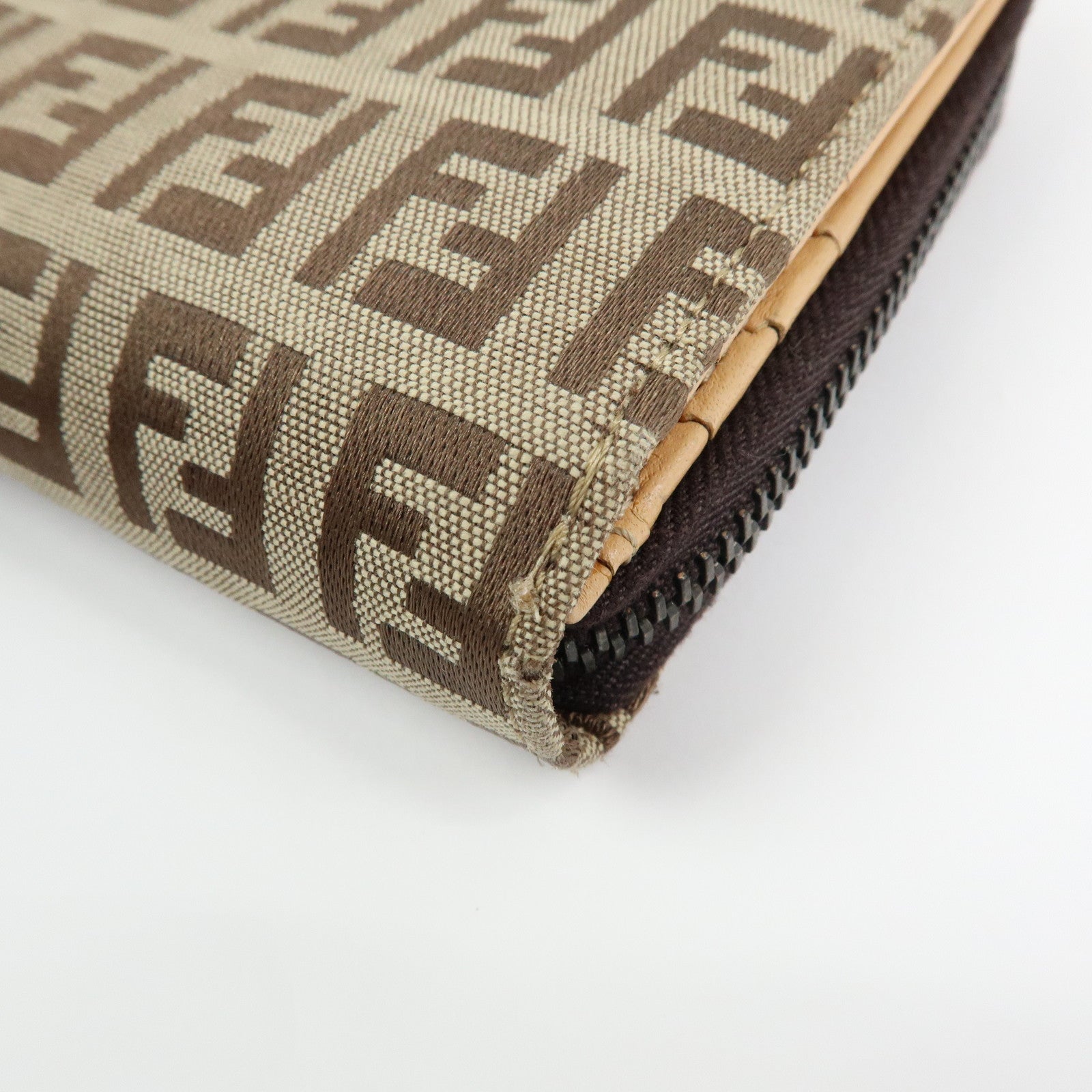 FENDI Zucchino Canvas Leather Compact Wallet Beige 8M0018