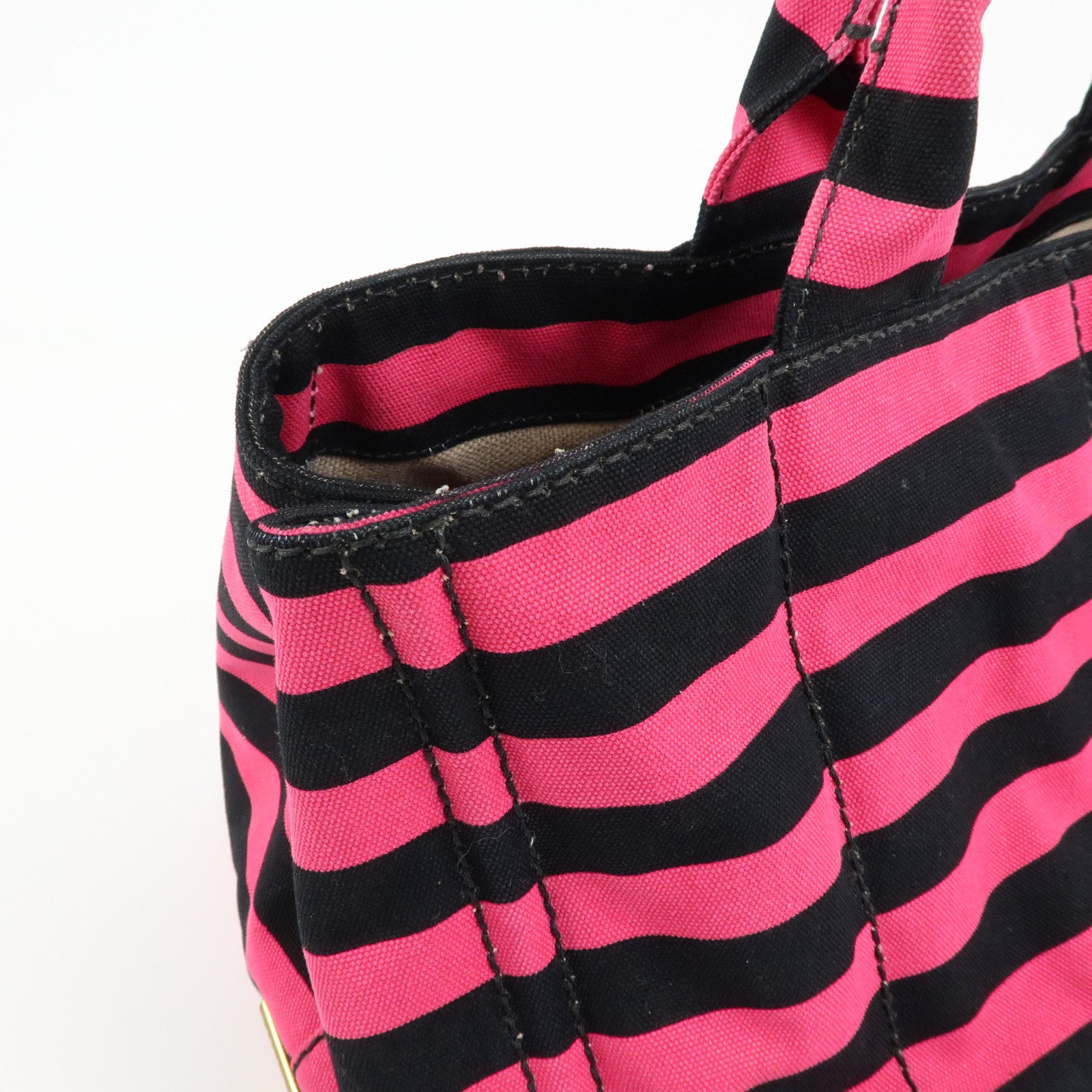 PRADA Canapa Large Triangle Logo Tote Bag Striped Pink Black B1872B