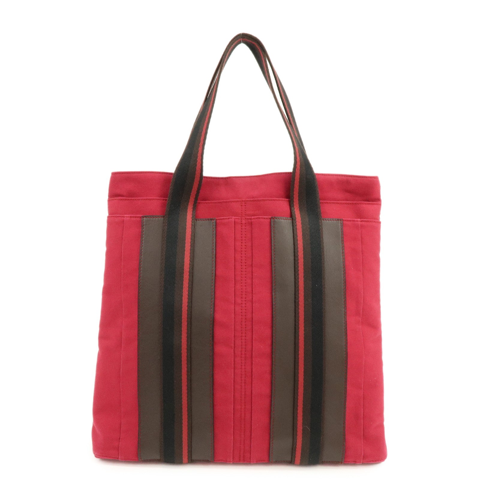 HERMES Trocadéro Vertical MM Canvas Calf Leather Tote Bag Red Brown