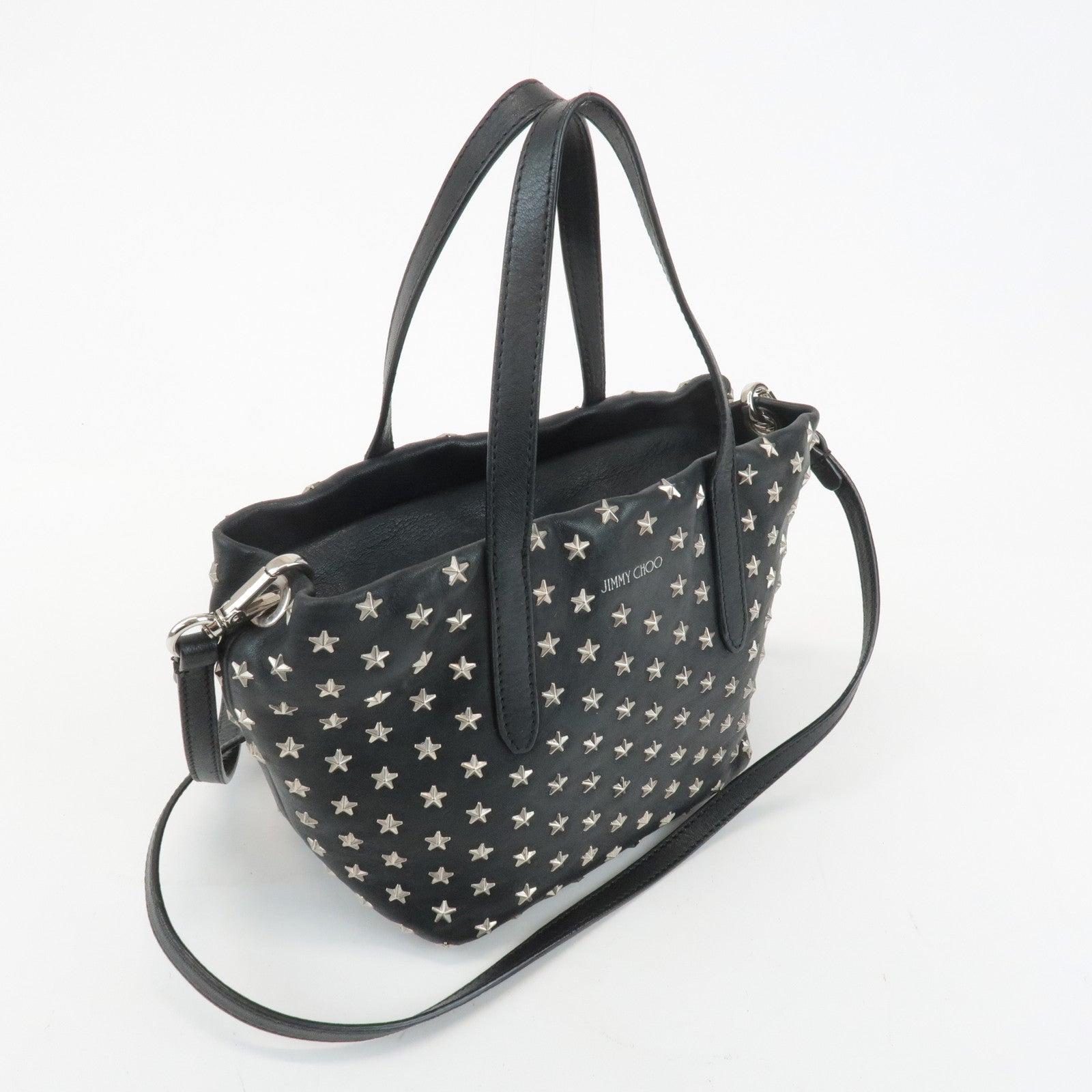 JIMMY CHOO Leather Star Studs Tote Bag Hand Bag Black Silver HDW Used