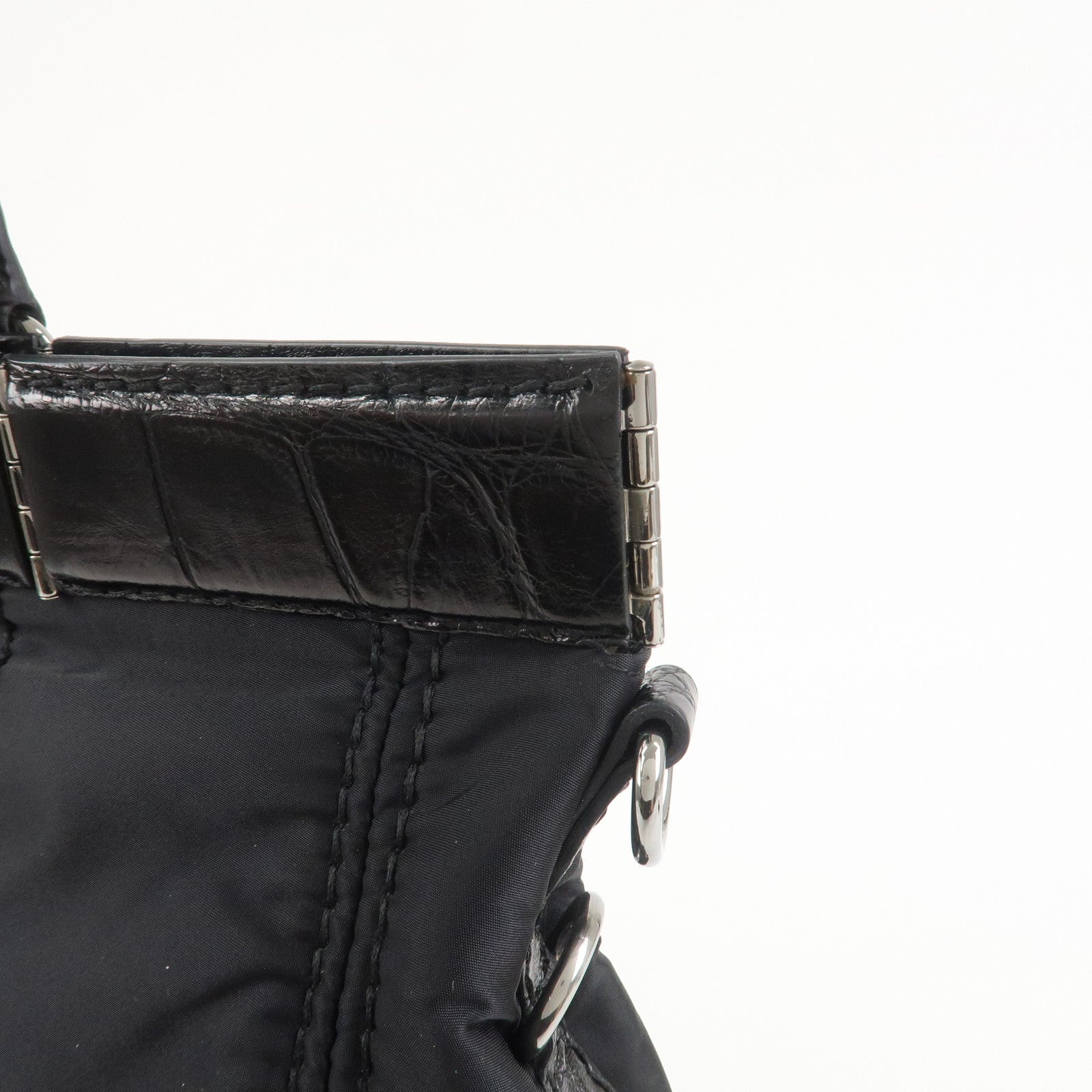 PRADA Triangle Logo Nylon Embossed Leather Hand Bag Black