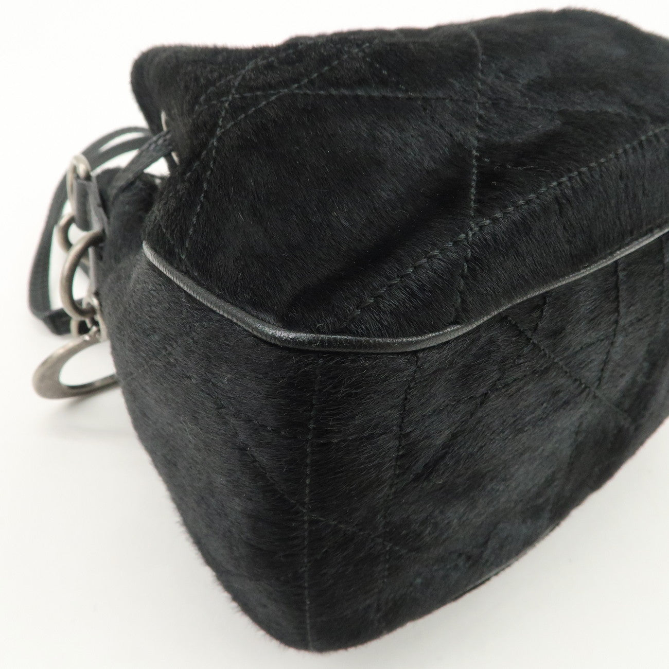 Christian Dior Unborn Carf Leather Drawstring Hand Bag Black Silver