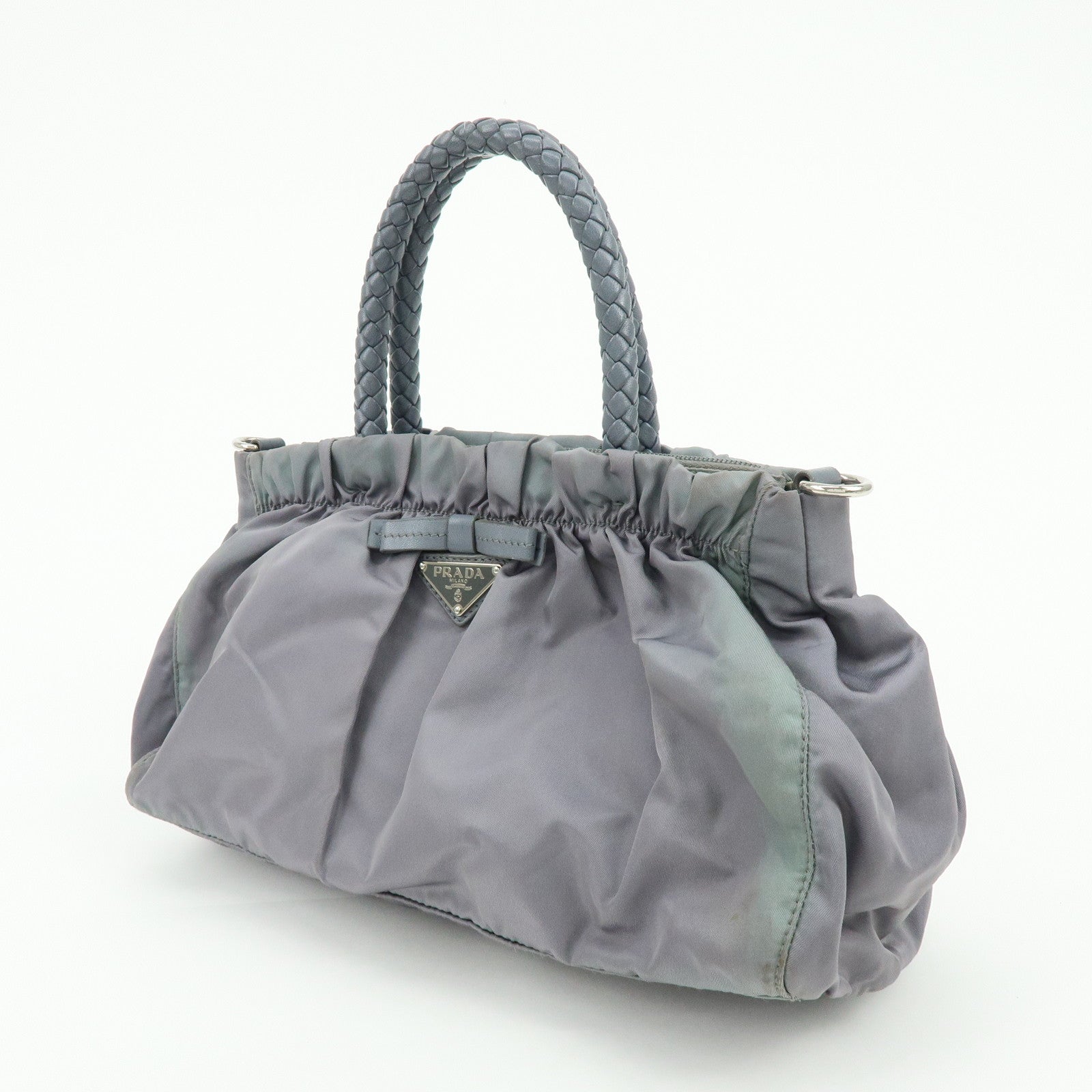 PRADA Nylon Leather 2Way Gathered Ribbon Hand Shoulder Bag Gray