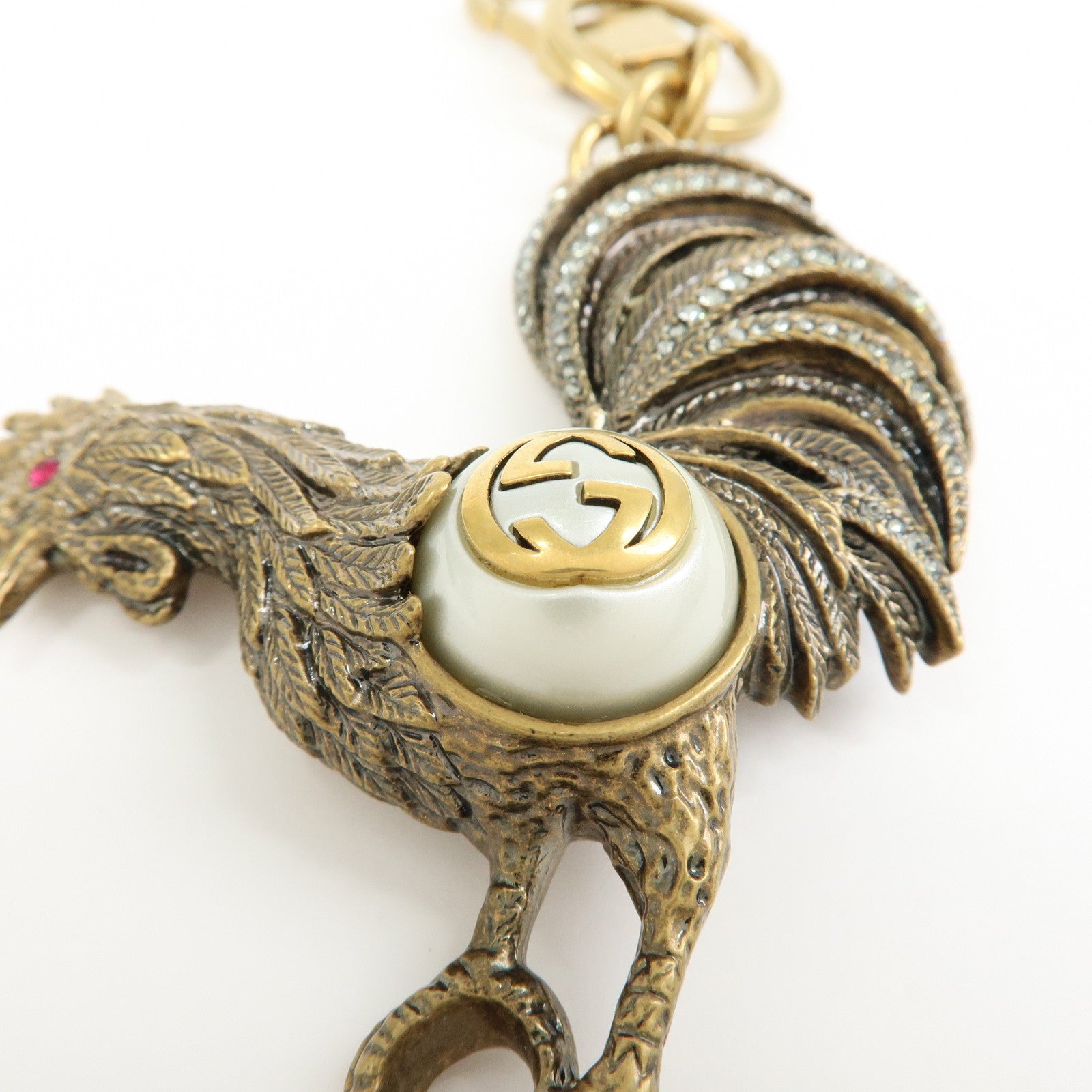 GUCCI Interlocking G Metal Rhinestone Faux Pearl Bag Charm Gold