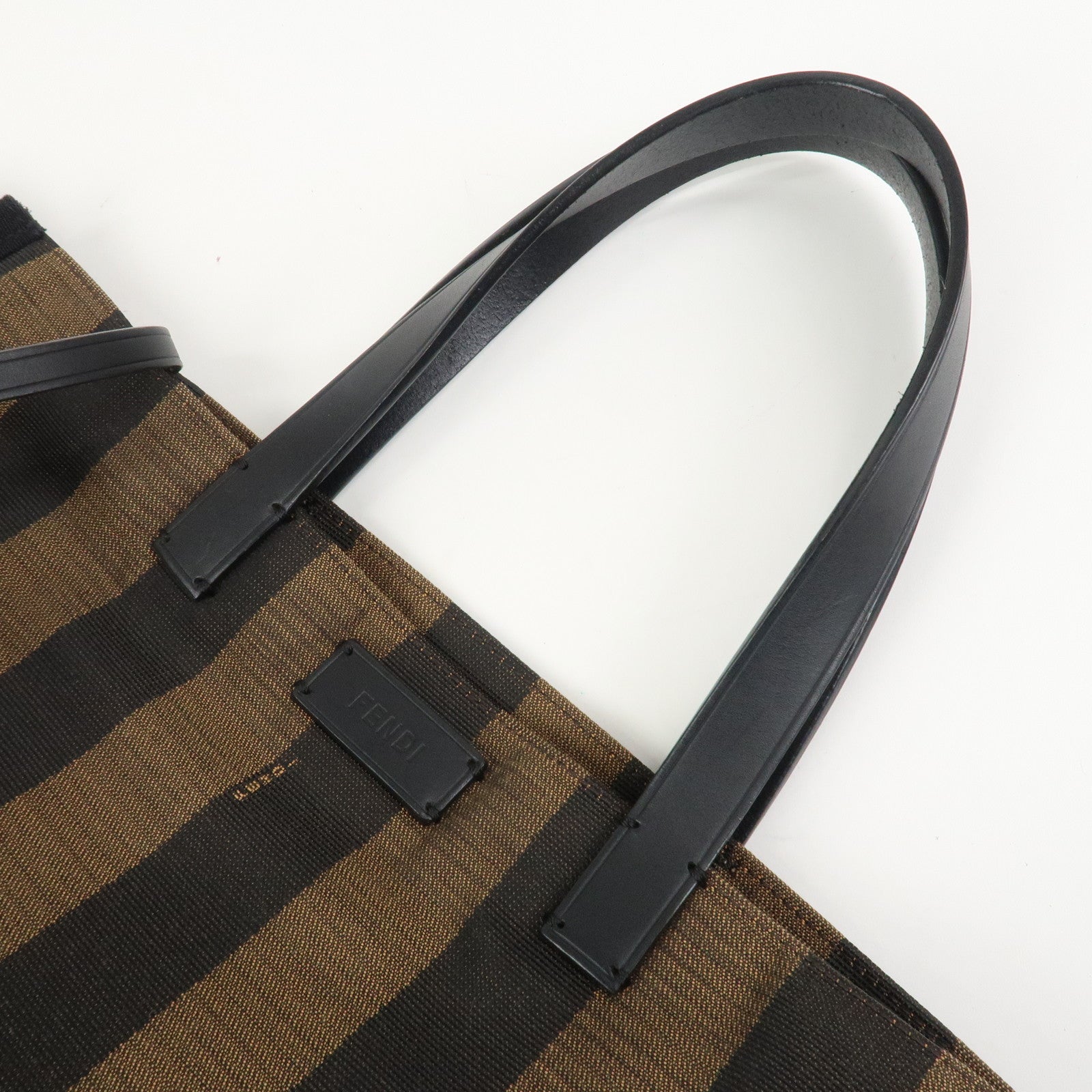 FENDI Pequin Canvas Leather Tote Bag Hand Bag Black Brown 8BH252