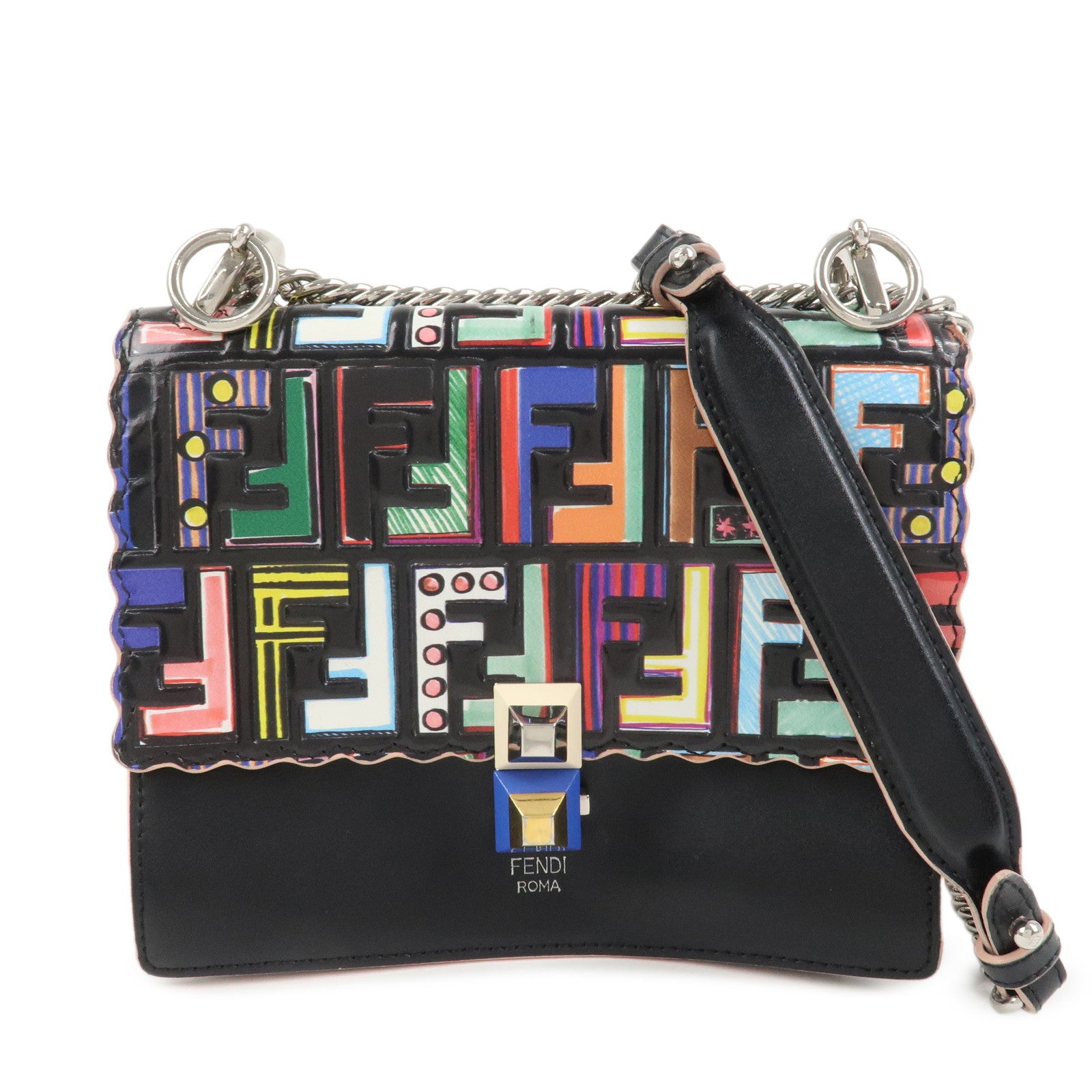 FENDI Zucca Leather Mini Kan I Chain Shoulder Bag Multicolor 8M0381