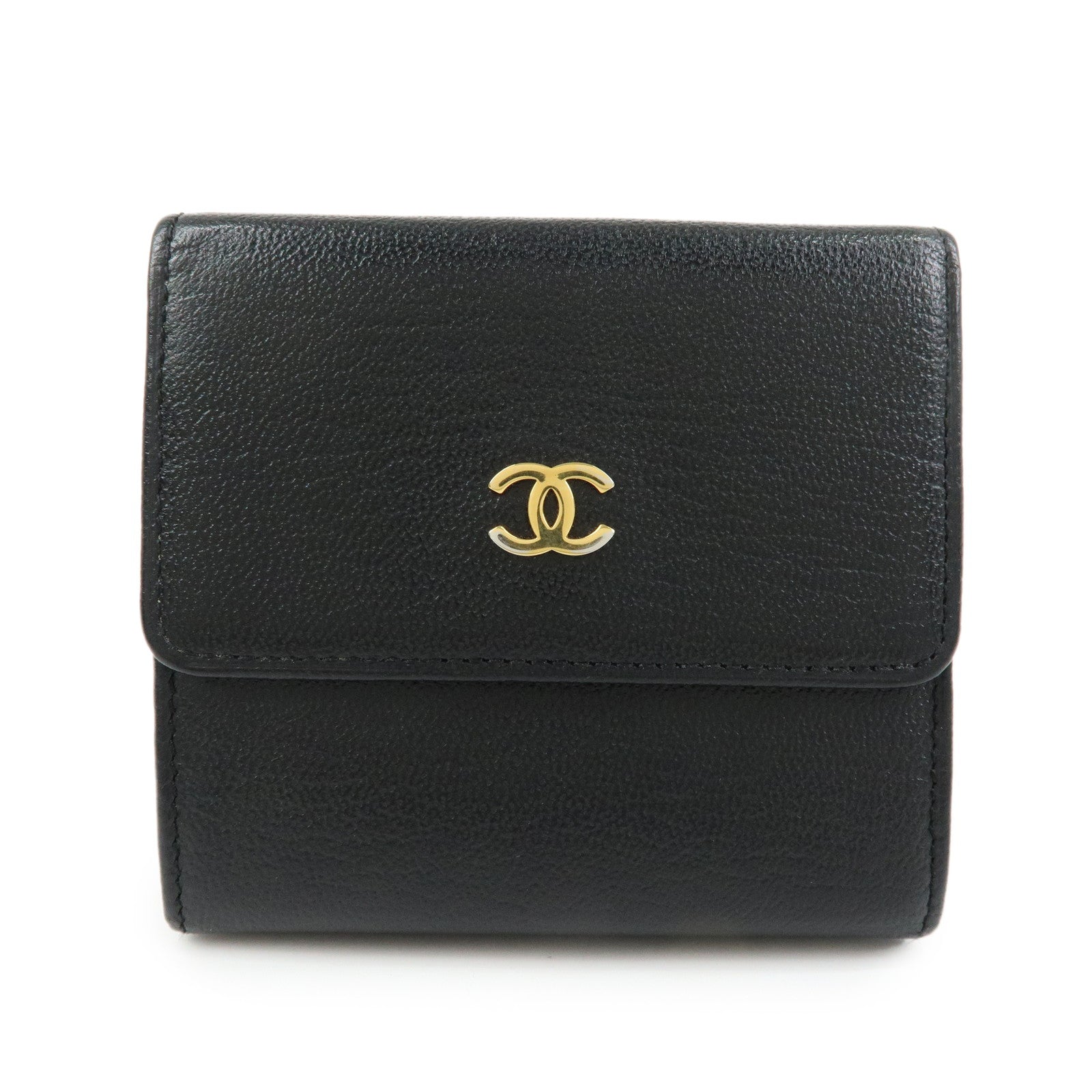 CHANEL COCO Mark Lamb Skin Tri-fold Compact Wallet Black A13456