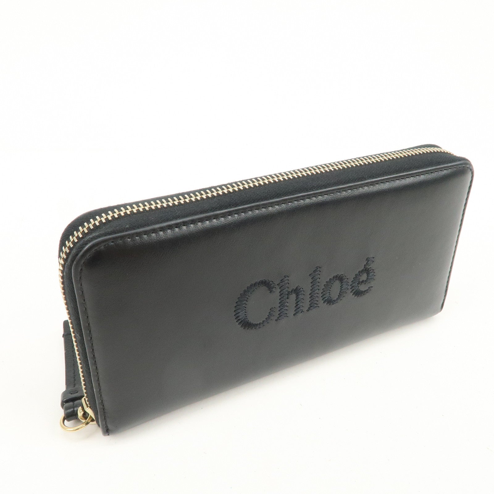 Chloe Logo Leather Round Zippy Long Wallet Black