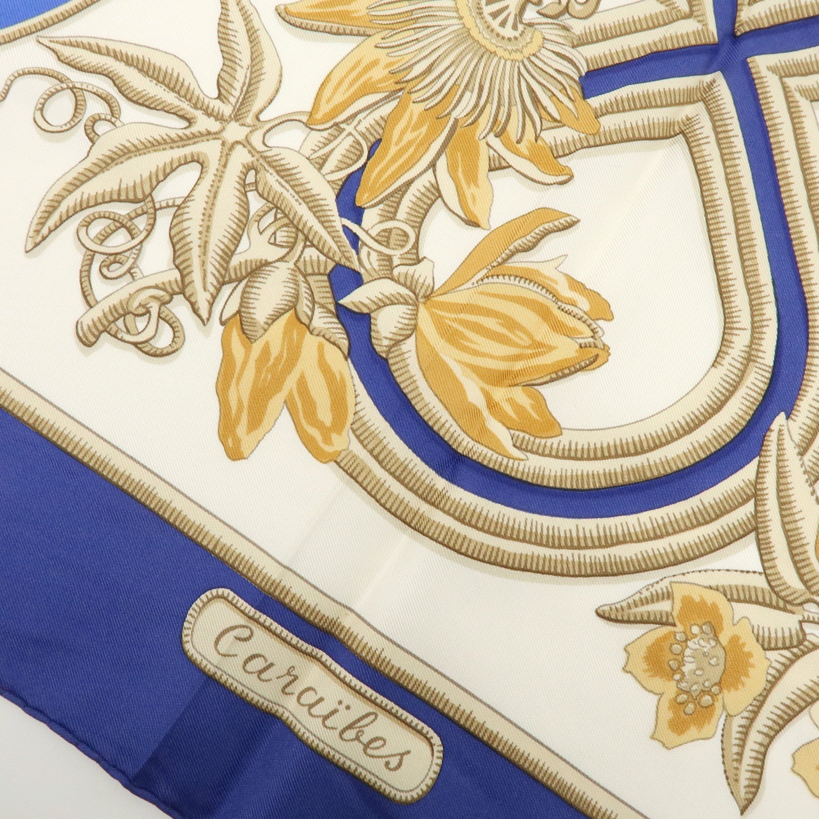 HERMES Carre Silk 100% Scarf Caraibes Oiseaux Ivory Blue