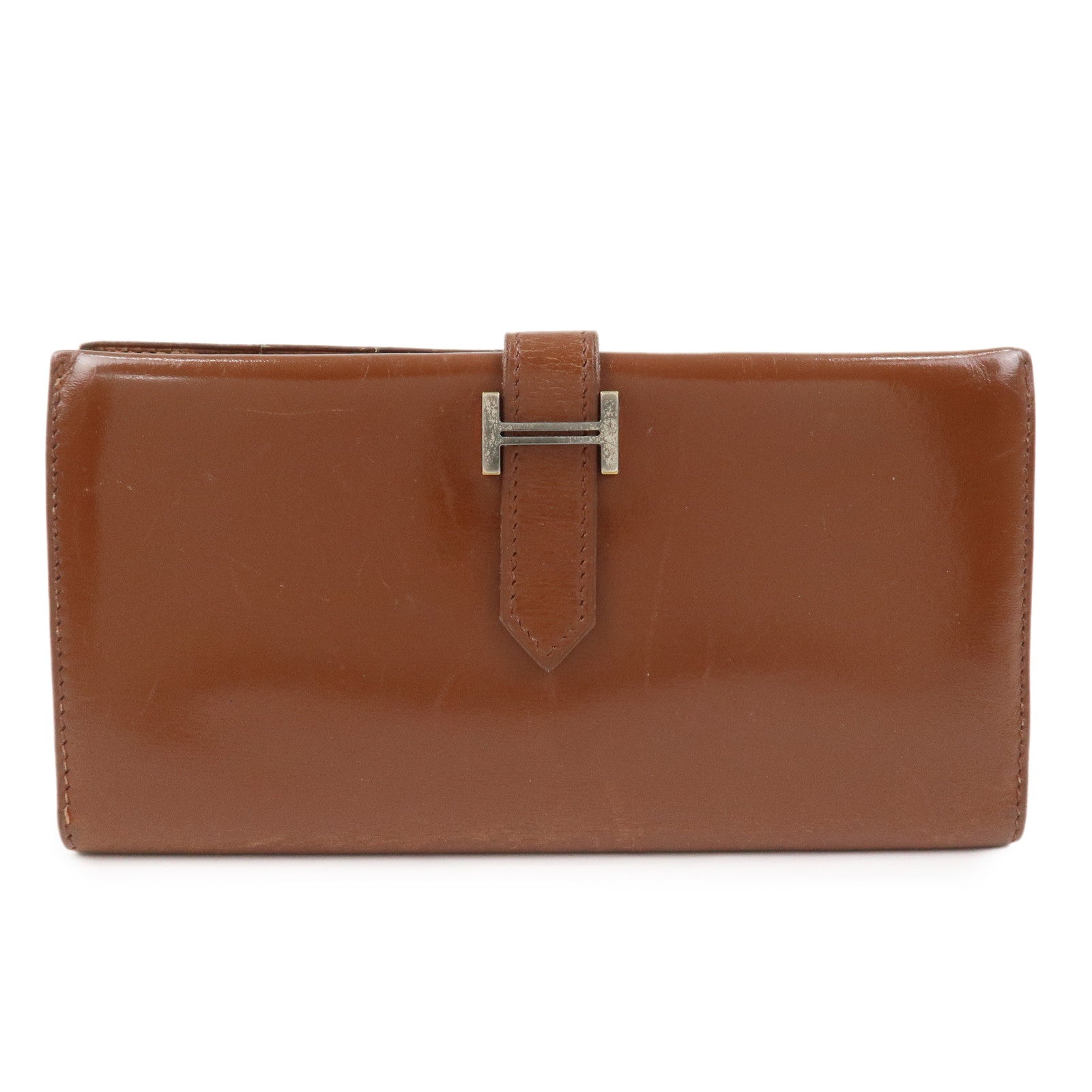 HERMES Bearn Leather Bi-fold Long Wallet F Stamped Brown