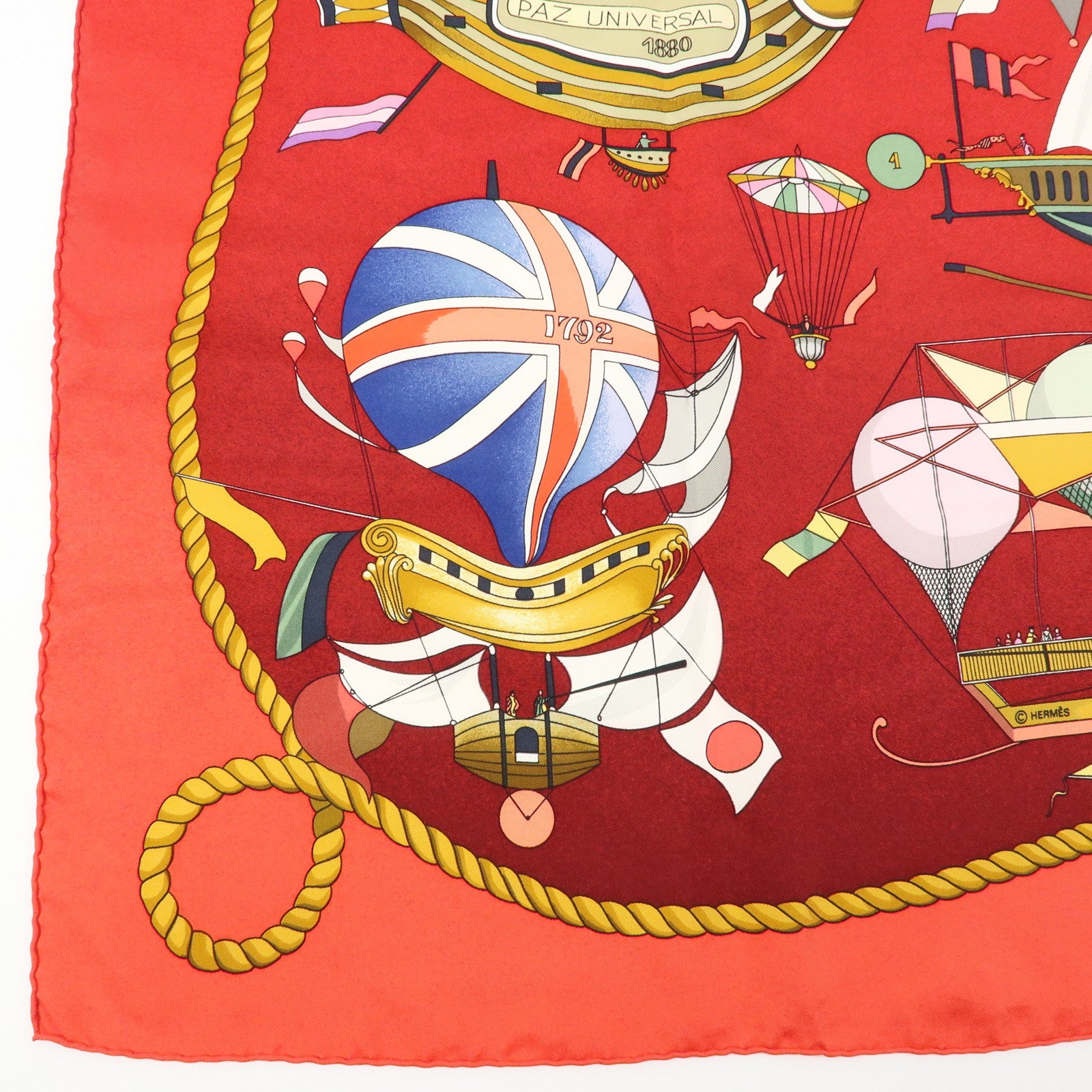 HERMES Carre 90 Silk 100% LES FOLIES DU CIEL Scarf Red Wine Red