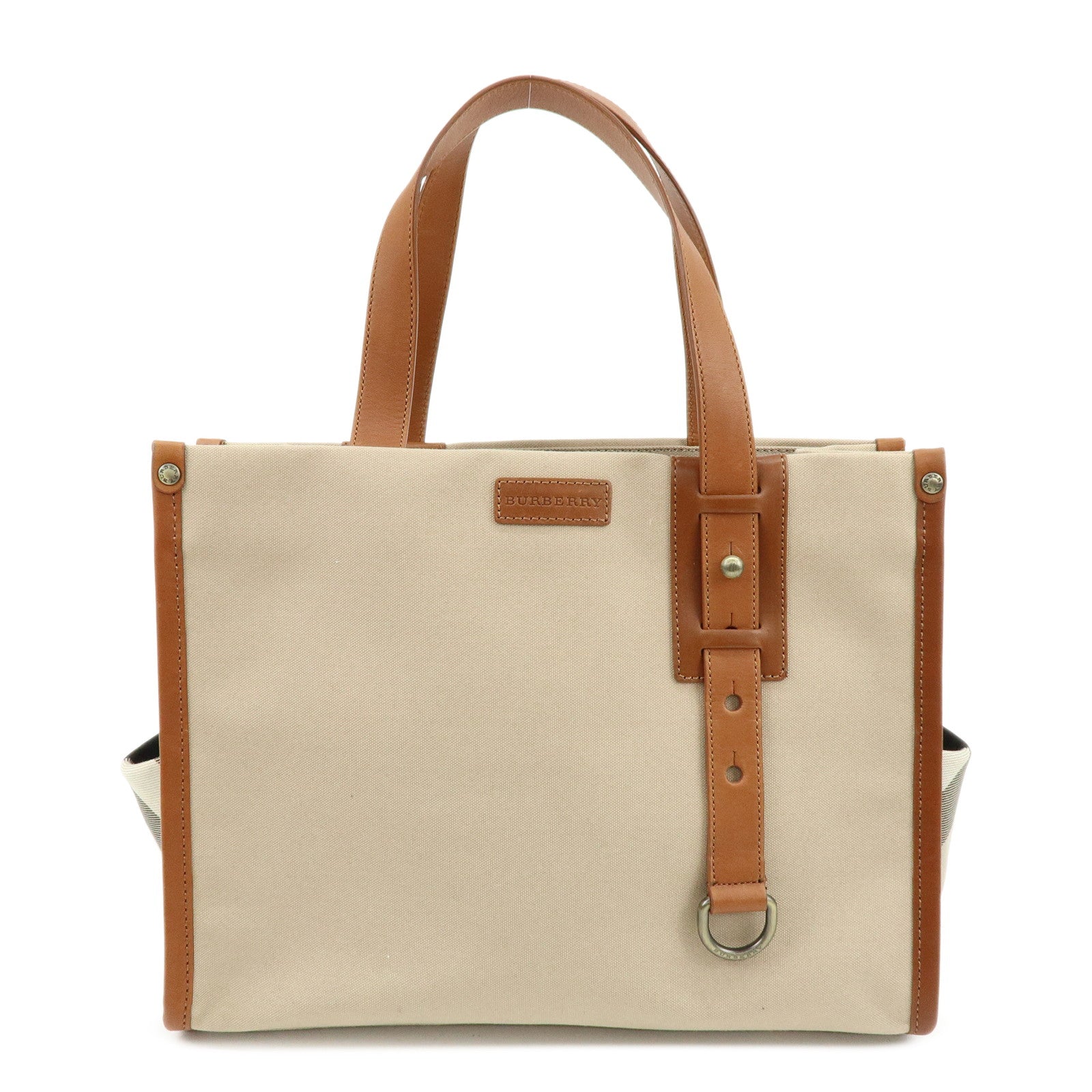 BURBERRY Nova Plaid Canvas Leather Tote Bag Hand Bag Beige Brown