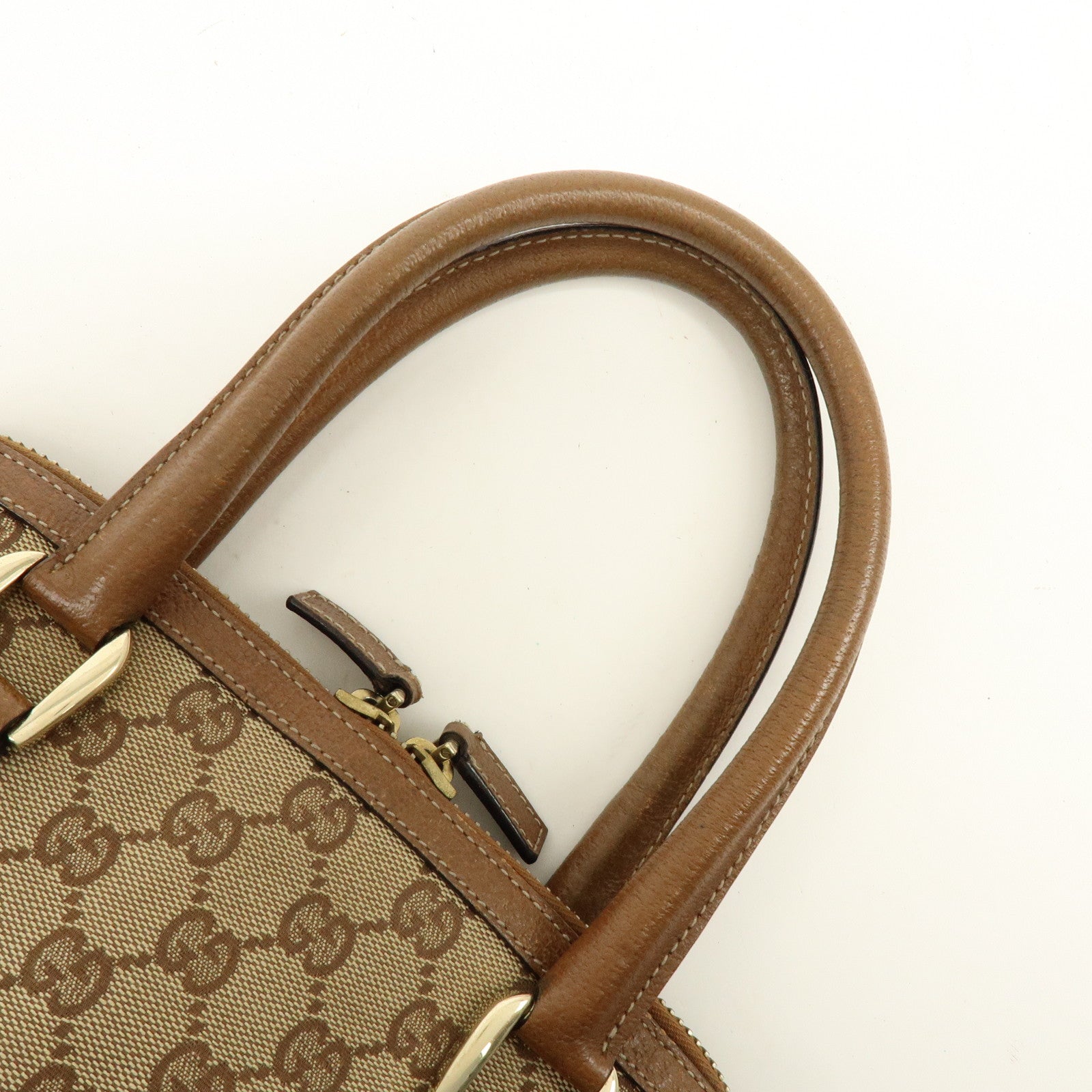GUCCI GG Canvas Leather Studded Hand Bag Brown 131023
