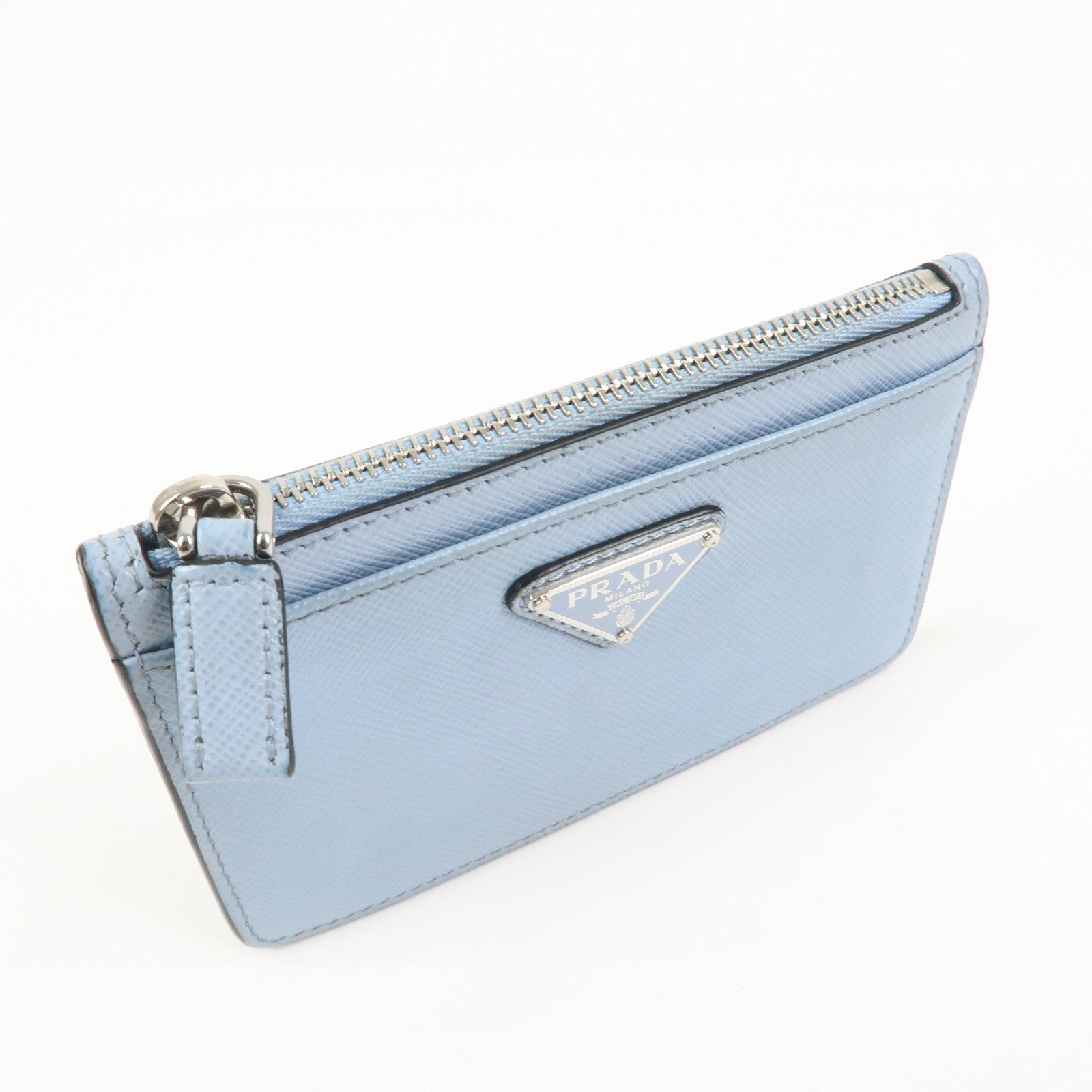PRADA Triangle Logo Saffiano Leather Card Case Light Blue 2MC084