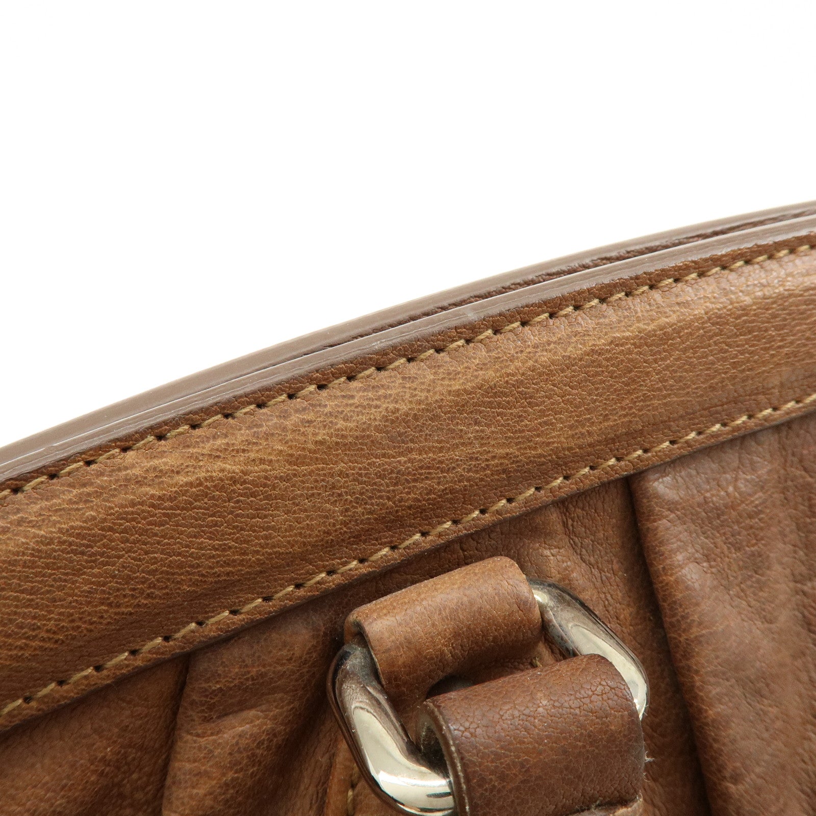 PRADA Triangle Logo Leather Boston Bag Hand Bag Doctor Bag Brown